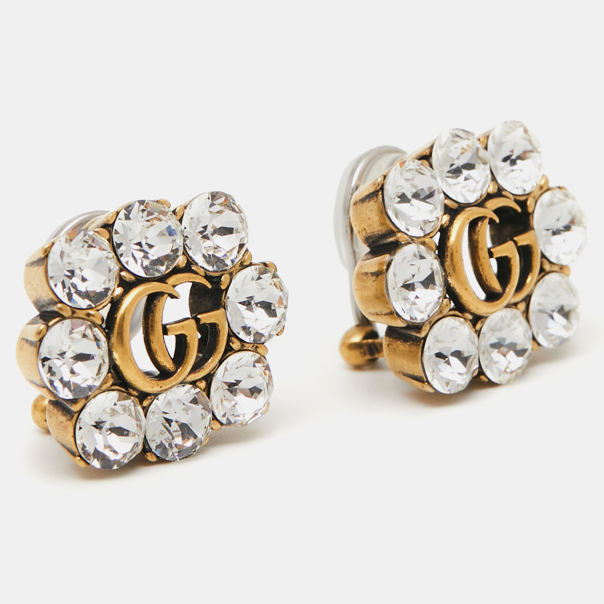 

Gucci Double G Crystals Gold Tone Metal Clip On Earrings