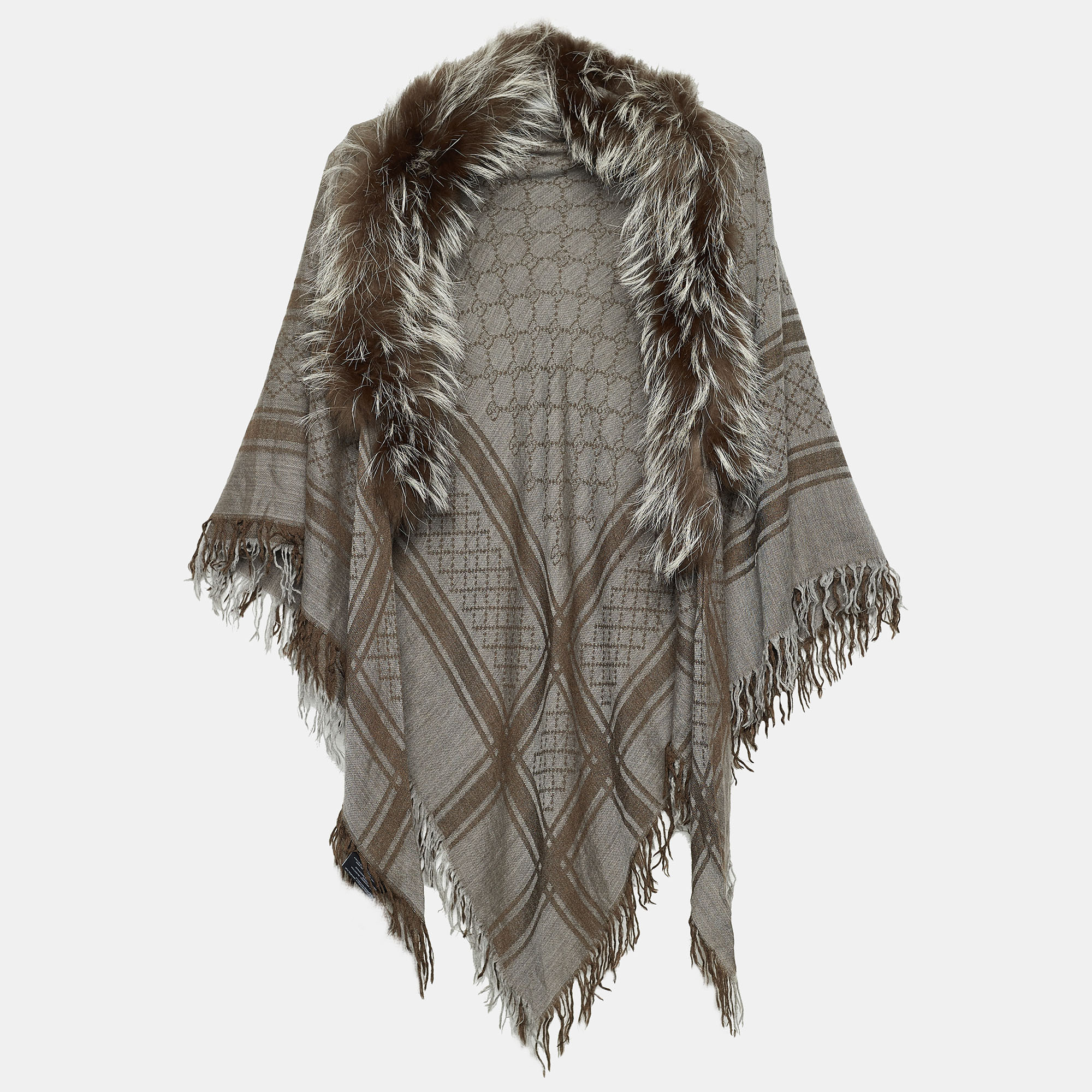 

Gucci Brown Monogram Silk Wool Fox Fur Trim Wrap Shawl