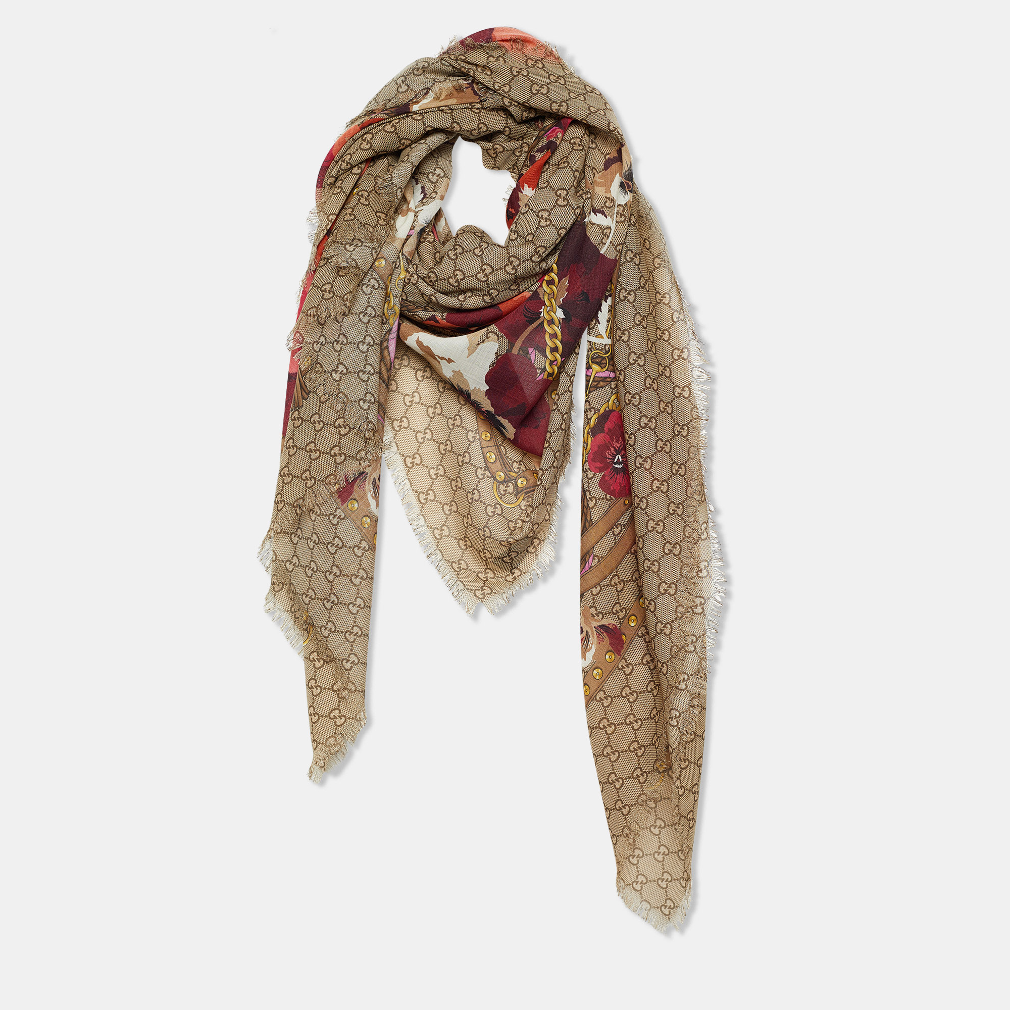 

Gucci Beige GG Floral & Chain Print Wool Scarf