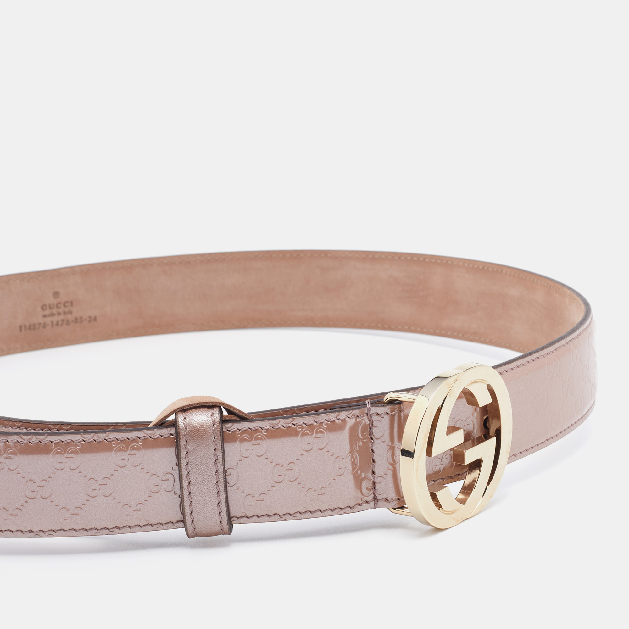 

Gucci Metallic Beige Micro Guccissima Patent Leather Interlocking G Belt