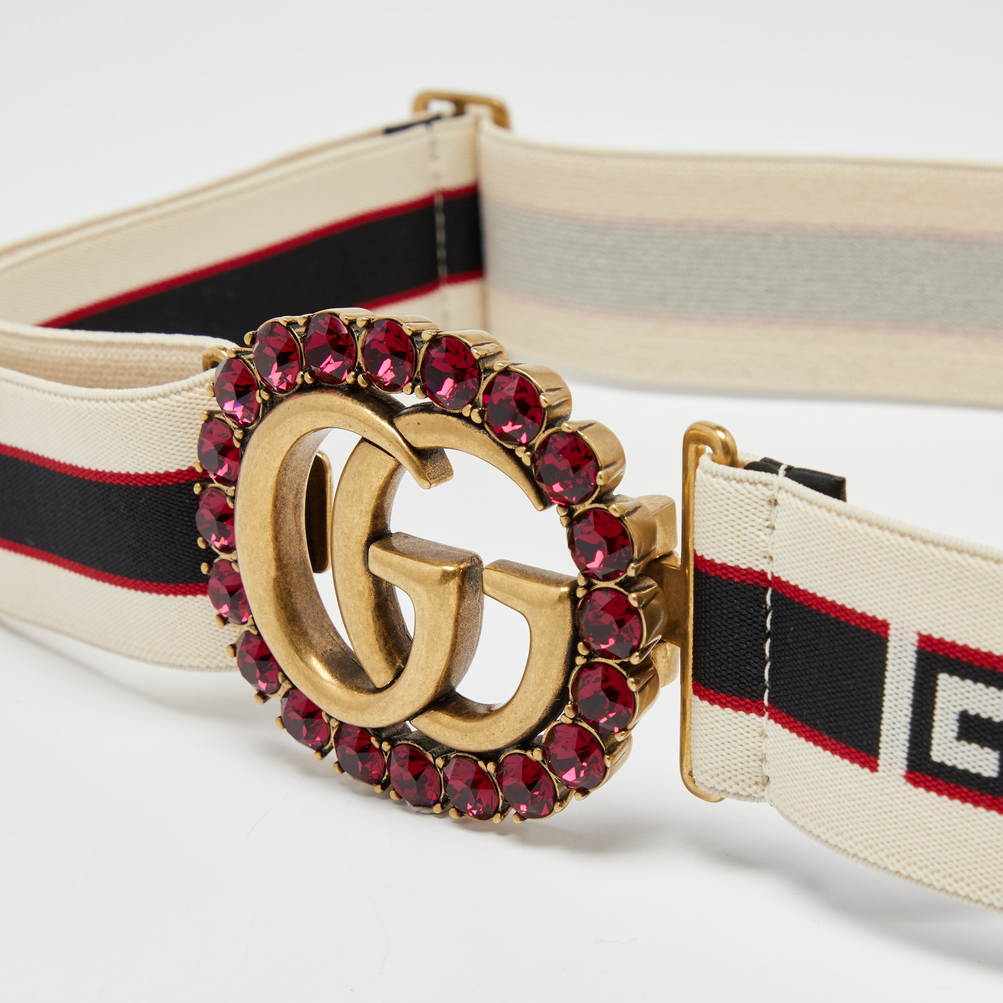 

Gucci Tricolor Logo Elastic Canvas Double G Crystals Embellished Belt, Multicolor