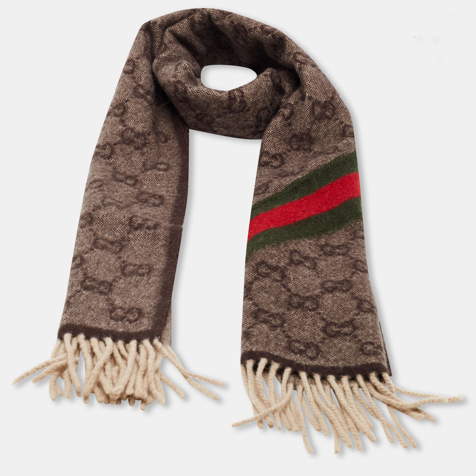 

Gucci Brown GG Jacquard Wool Fringed Muffler