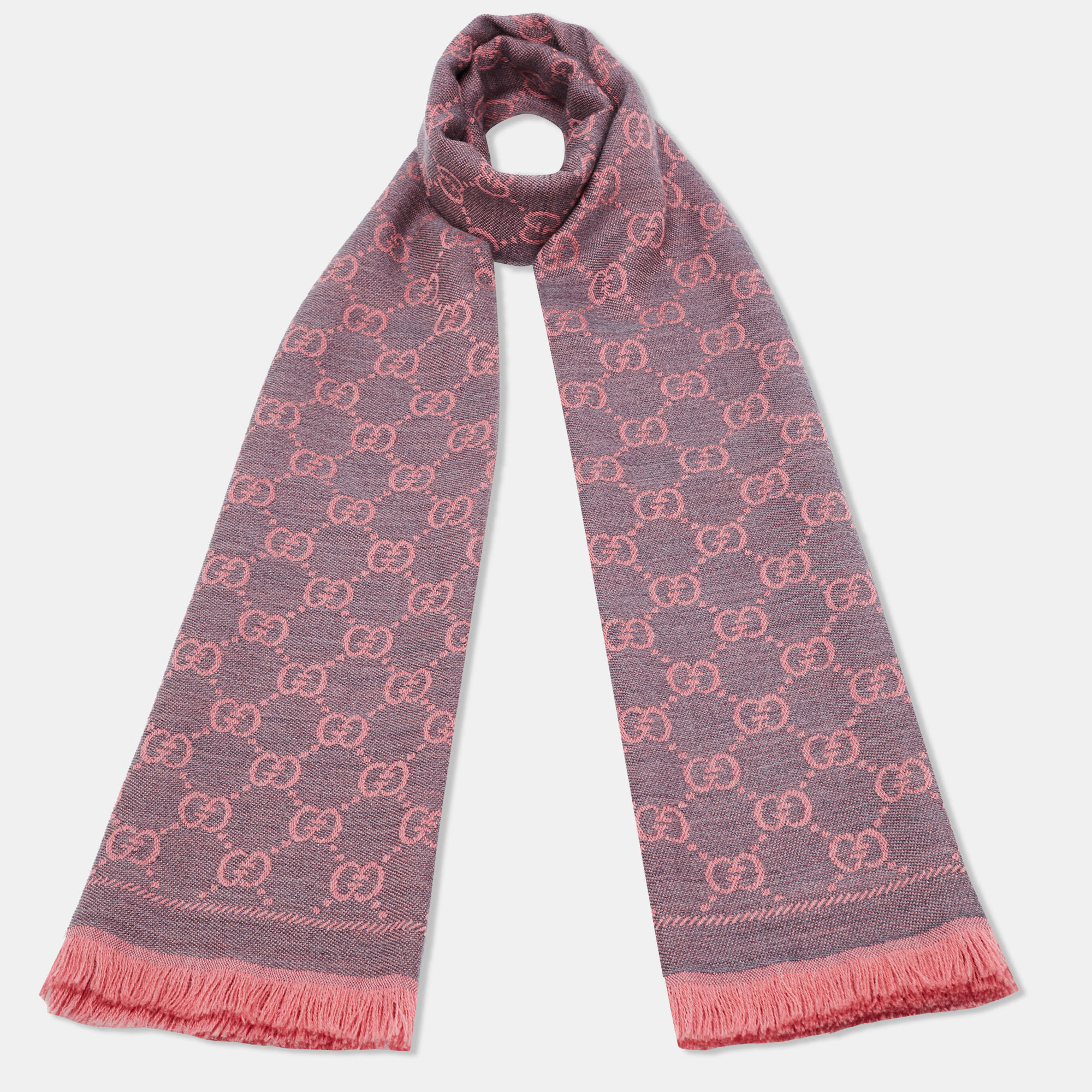 

Gucci Pink & Grey GG Jacquard Fringed Wool Scarf