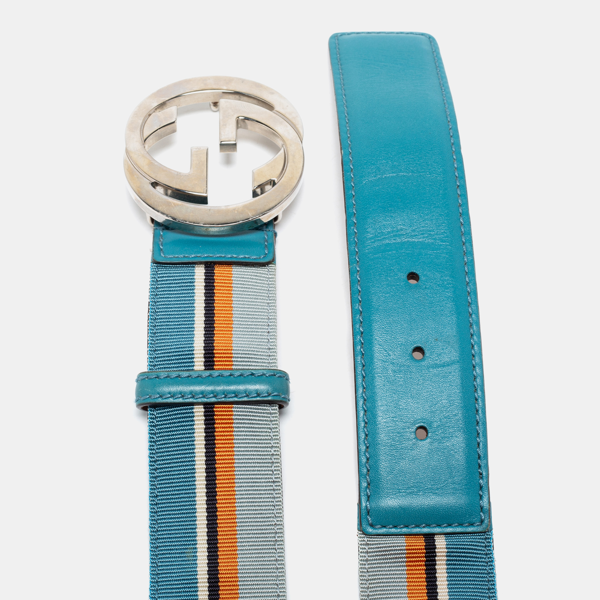 

Gucci Blue Striped Canvas and Leather Interlocking G Buckle Belt