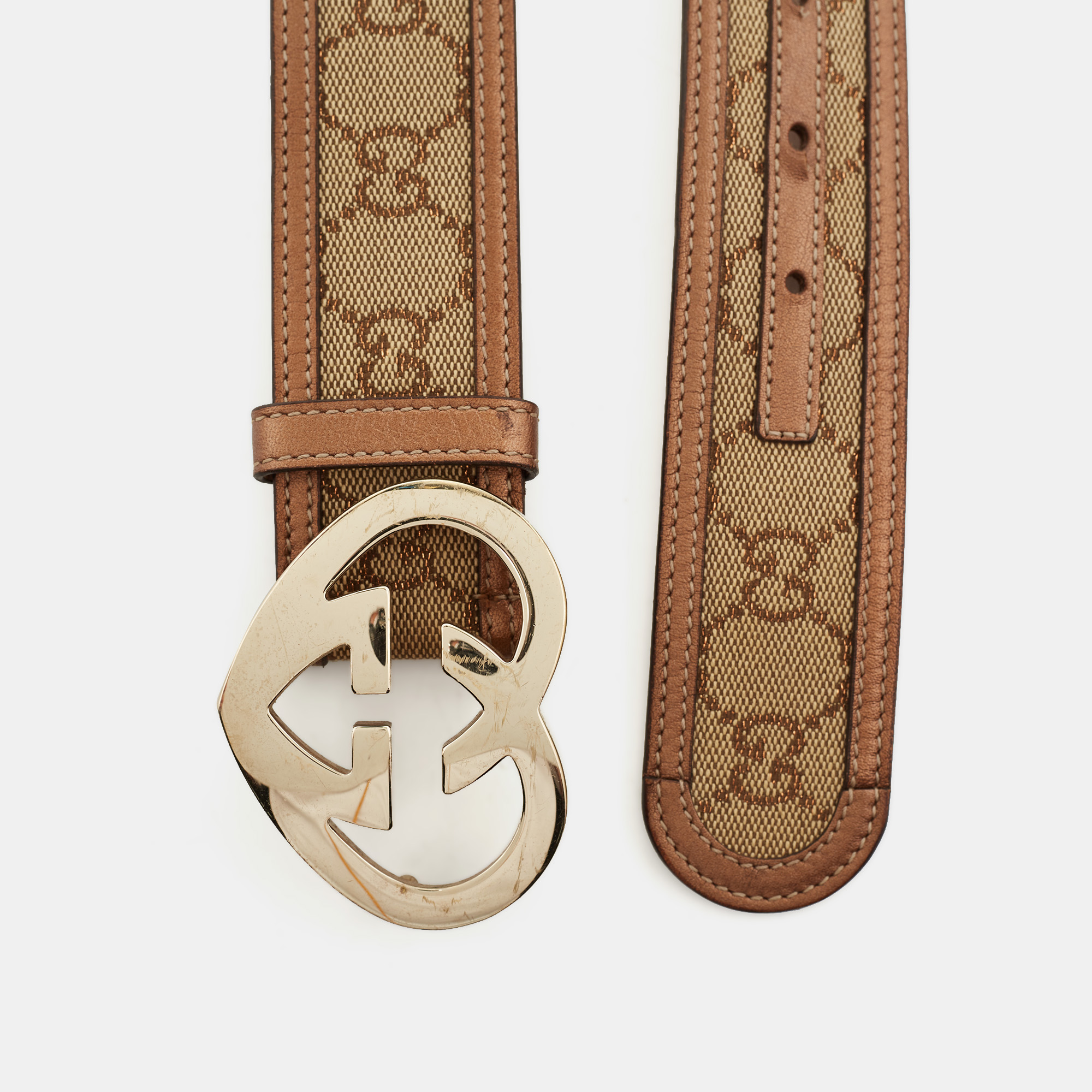 

Gucci Metallic Beige GG Canvas and Leather Trim GG Heart Buckle Belt