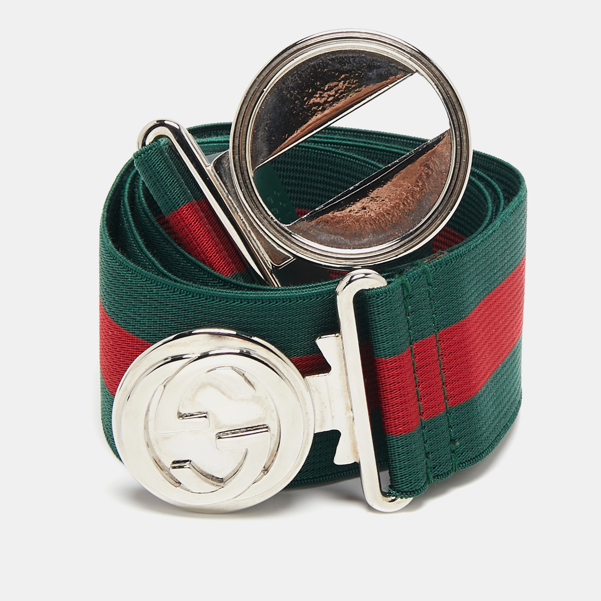 Pre-owned Gucci Green/red Elastic Web Belt 90 Cm