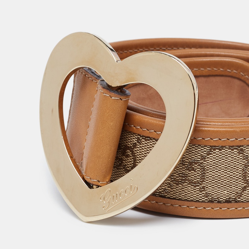 

Gucci Metallic Beige GG Canvas and Leather Trim Heart Buckle Belt