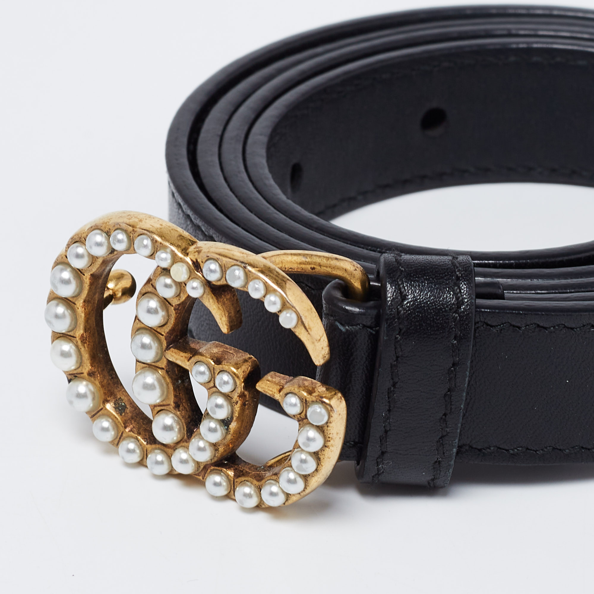 

Gucci Black Leather Pearl Embellished Double G Slim Belt