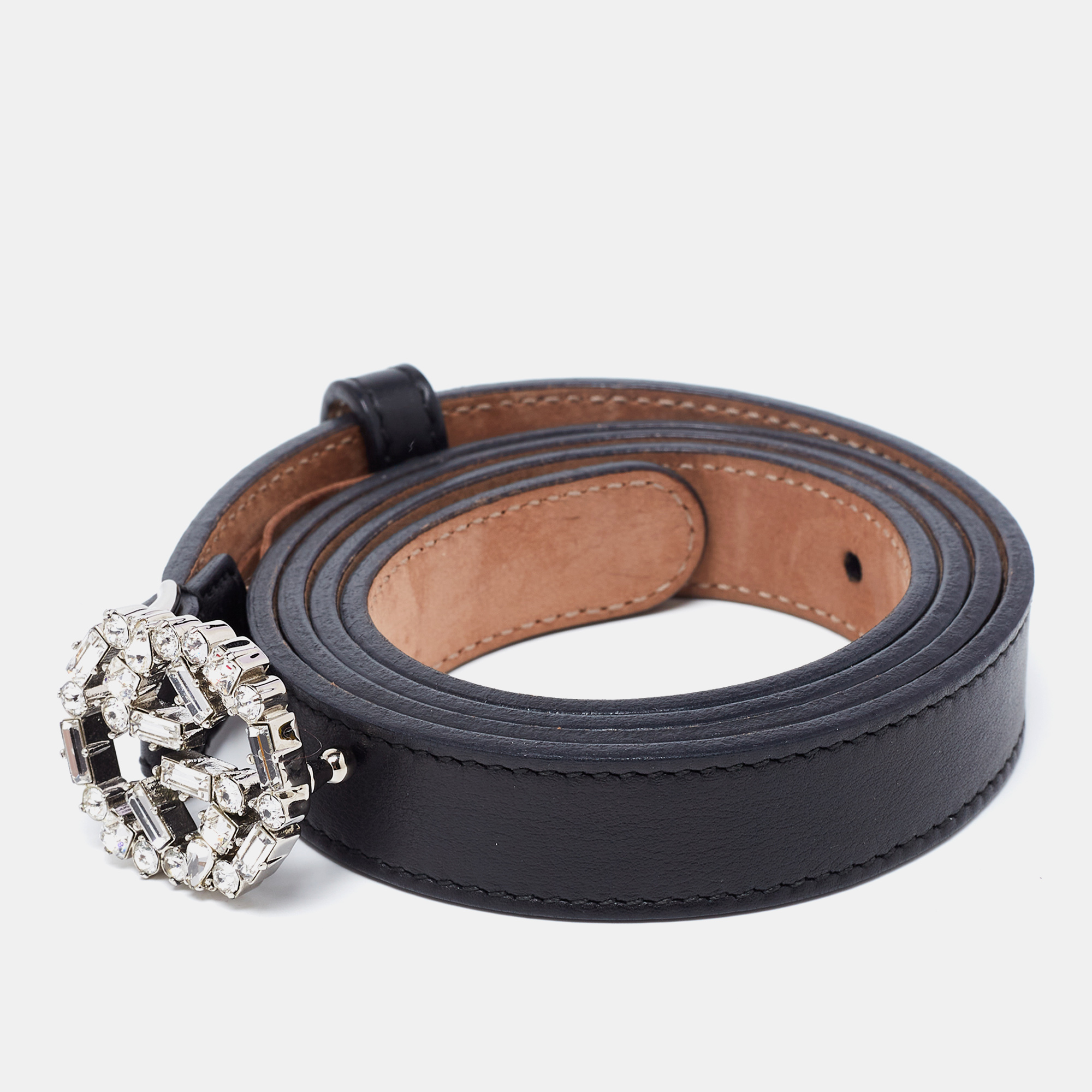 

Gucci Black Leather Crystal Embellished Interlocking G Slim Belt