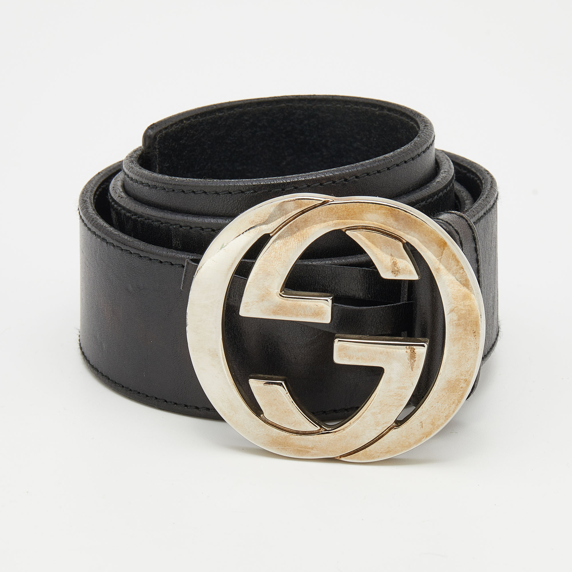 Pre-owned Gucci Black Leather Interlocking G Buckle Belt 85cm