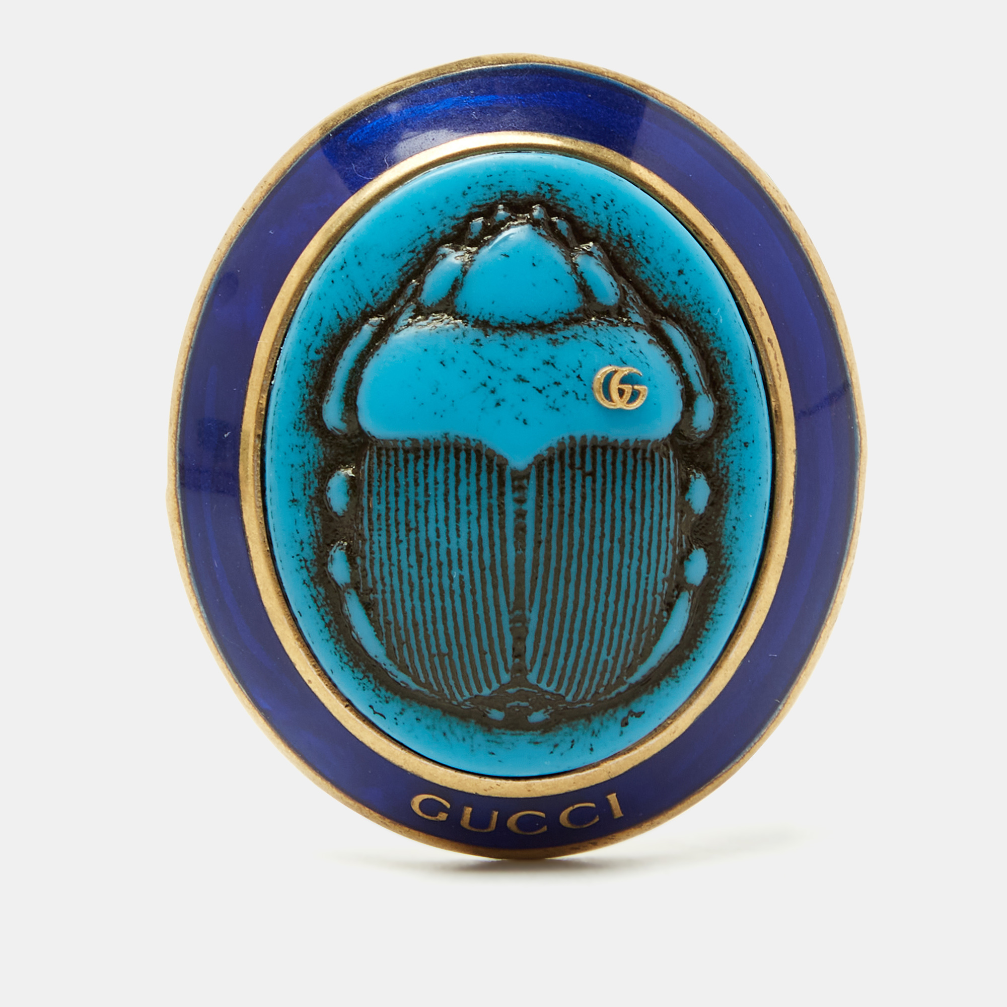 

Gucci Aged Gold Tone Turquoise Beetle Cocktail Ring, Blue