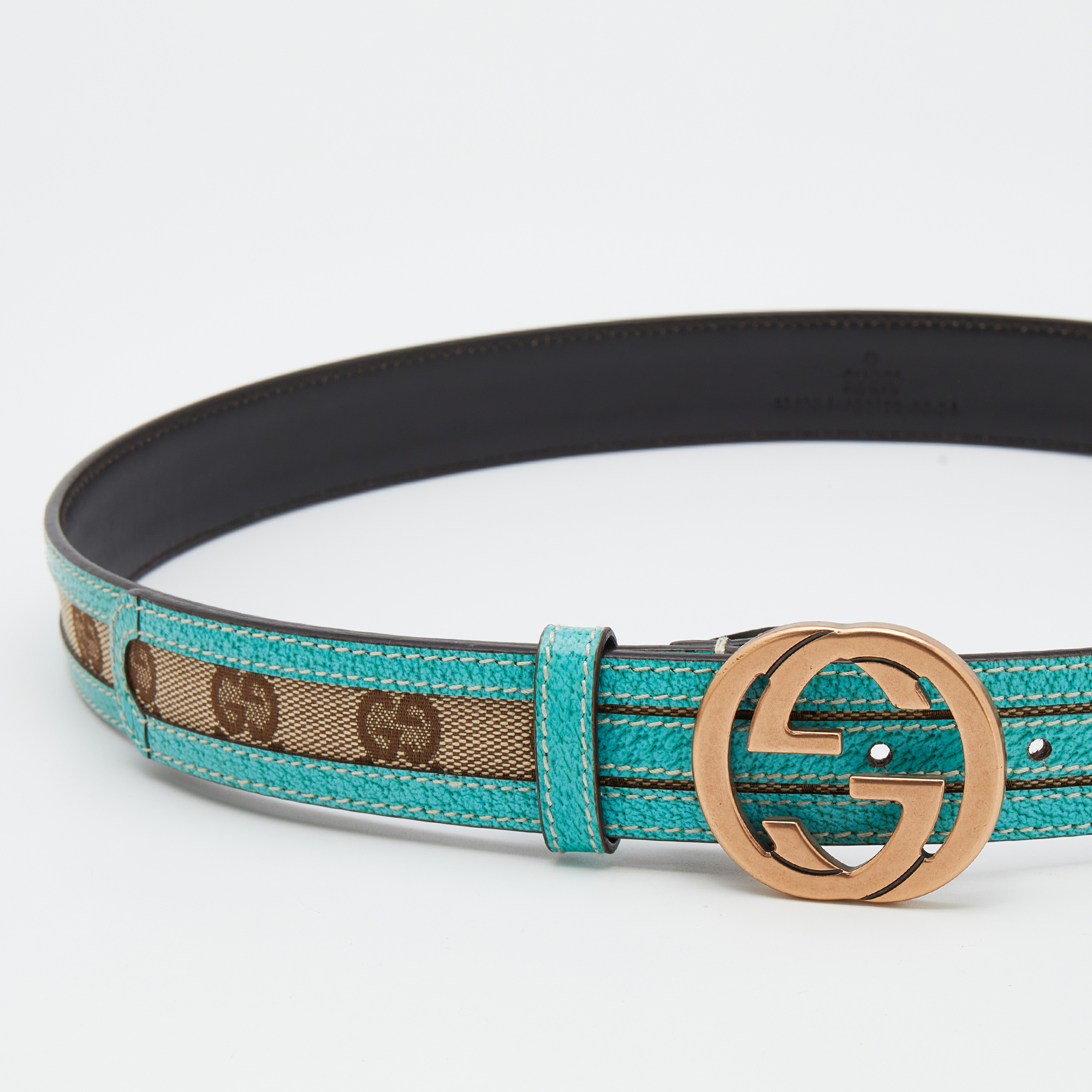 

Gucci Beige/Turquoise Blue GG Canvas And Leather Interlocking G Buckle Belt