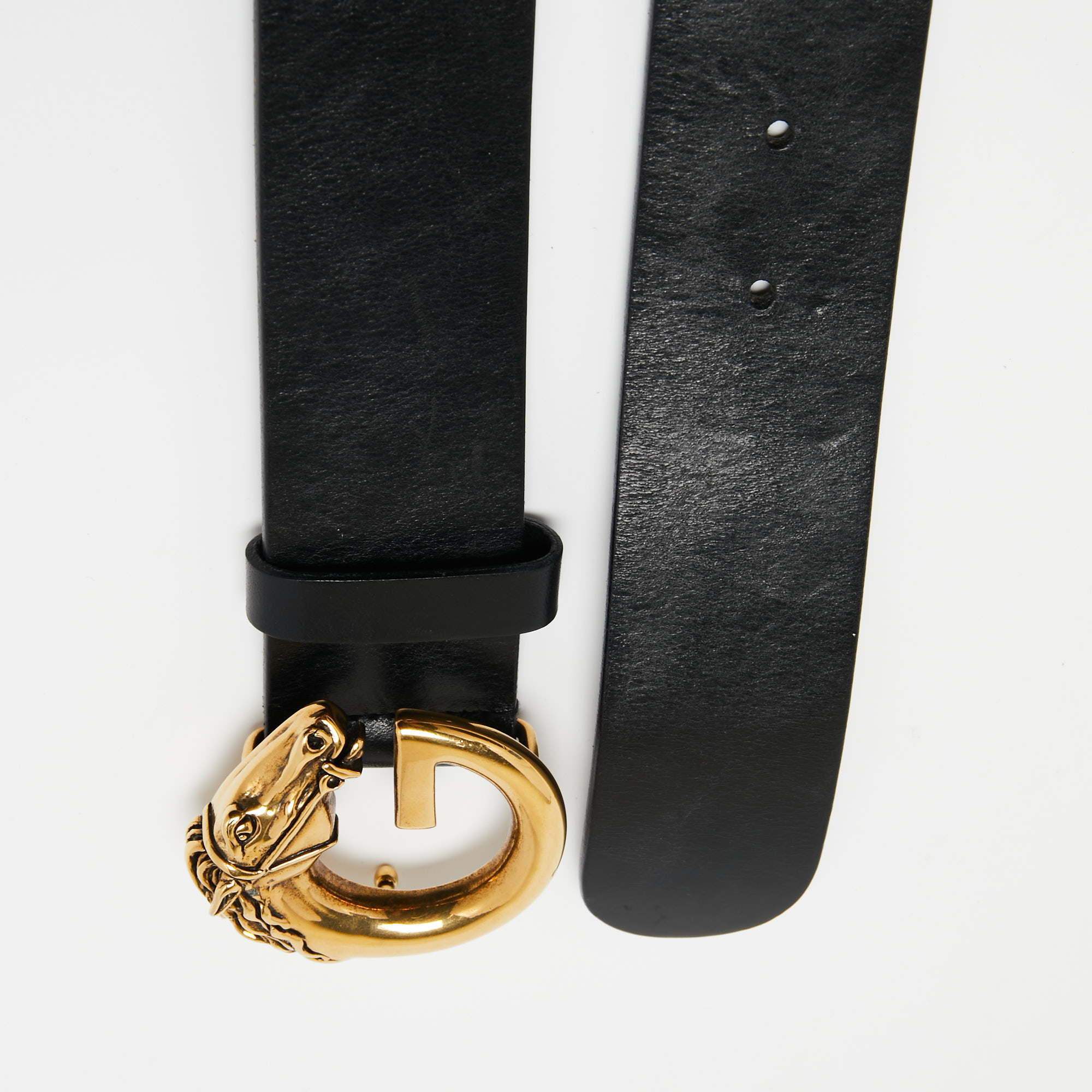 

Gucci Black Leather Horse Head G Buckle Belt