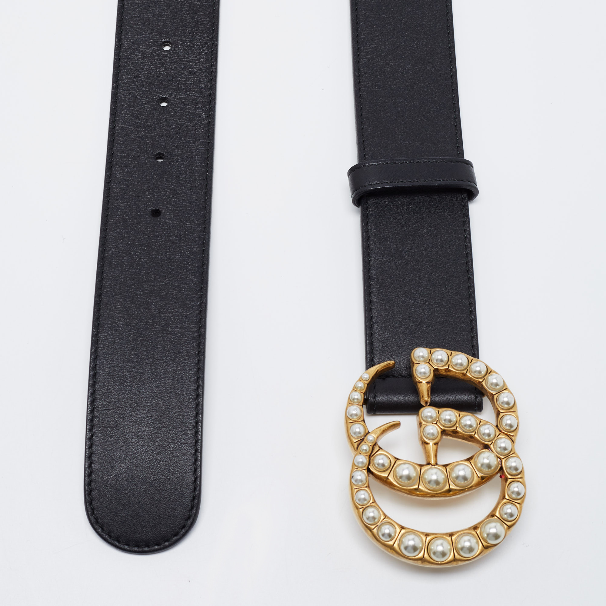 

Gucci Black Leather Pearl Embellished Double G Buckle Belt