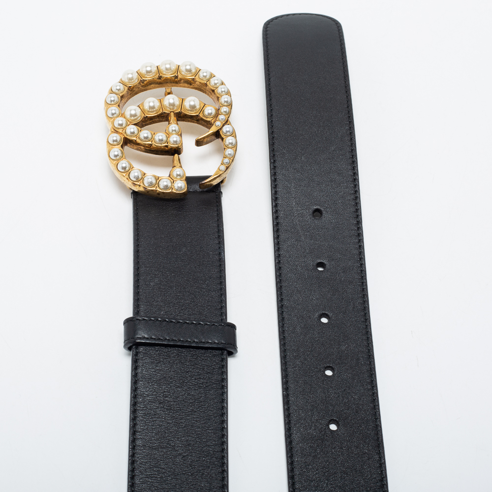 

Gucci Black Leather Pearl Embellished Double G Buckle Belt