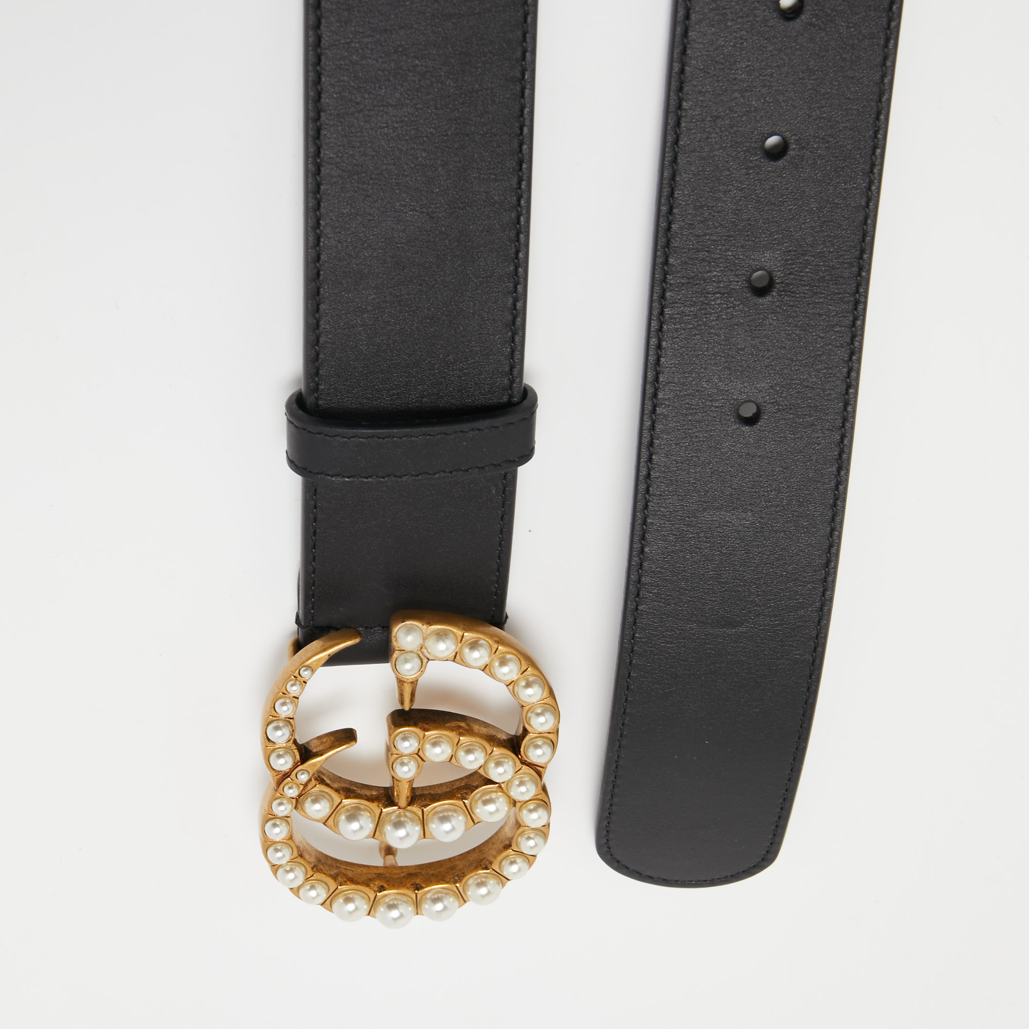 

Gucci Black Leather Pearl Embellished Double G Buckle Belt