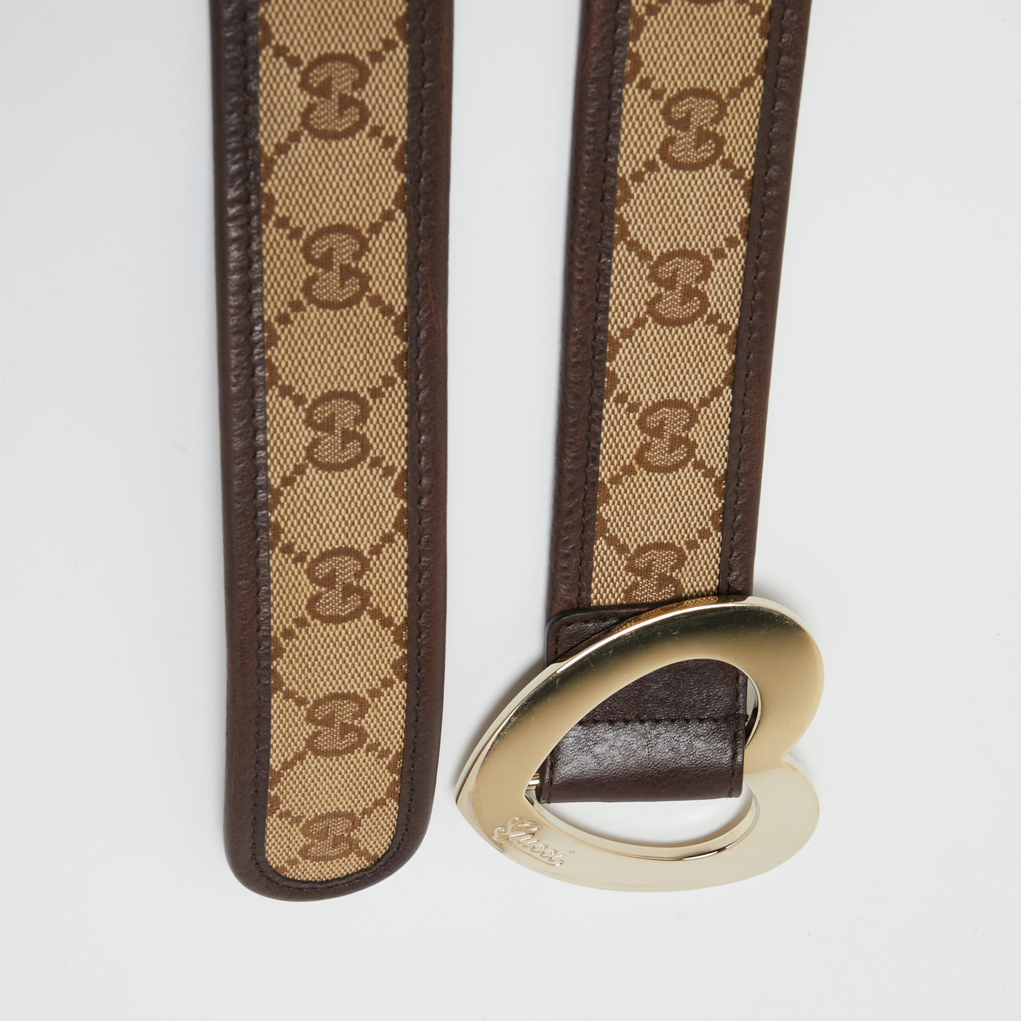 

Gucci Brown/Beige GG Canvas and Leather Heart Buckle Belt