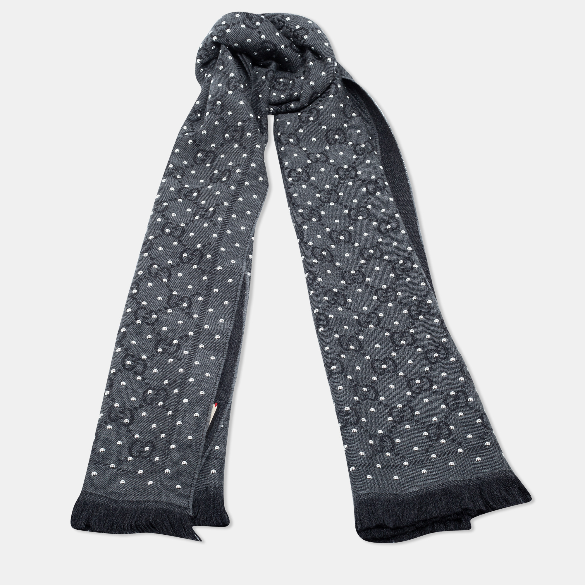 

Gucci Grey Monogram Wool Studded Fringed Scarf