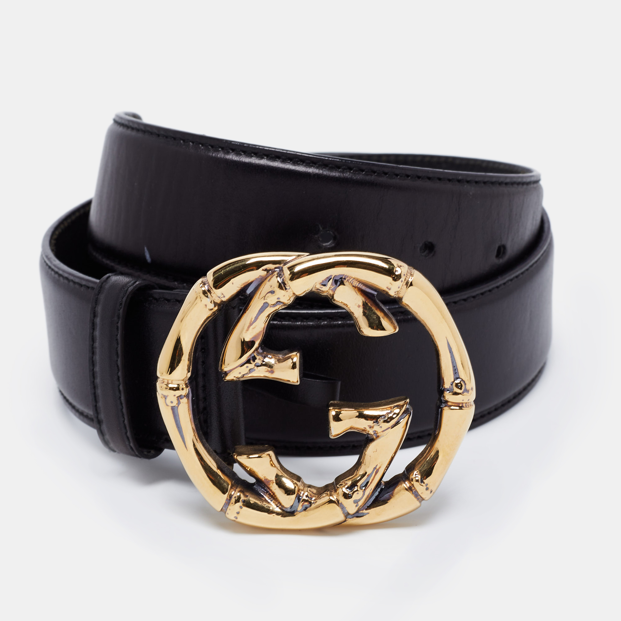 Pre-owned Gucci Black Leather Bamboo Engraved Interlocking G Buckle Belt 80cm