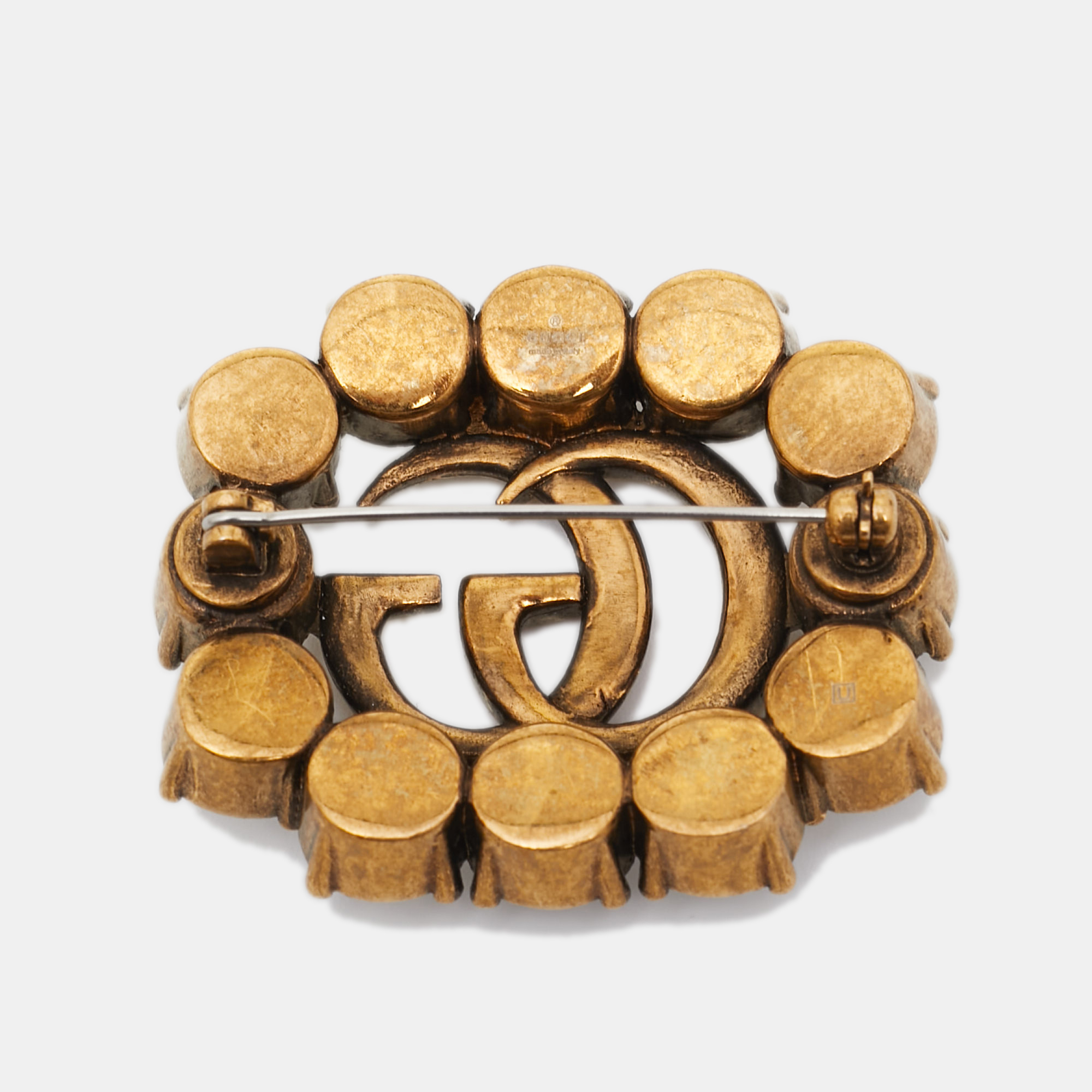 

Gucci Aged Gold Tone GG Crystal Pin Brooch