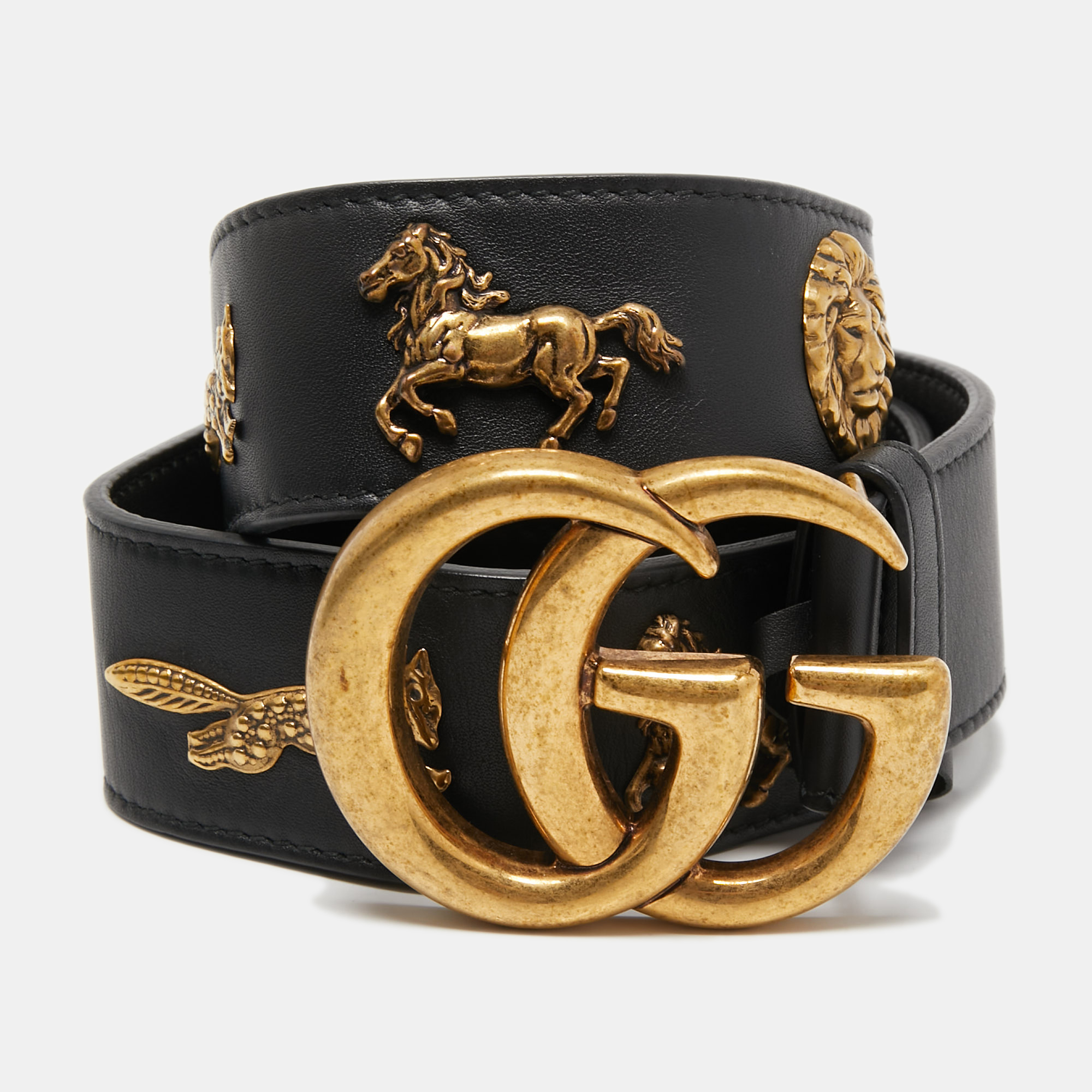 Pre-owned Gucci Black Leather Animal Stud Gg Marmont Buckle Belt 85cm
