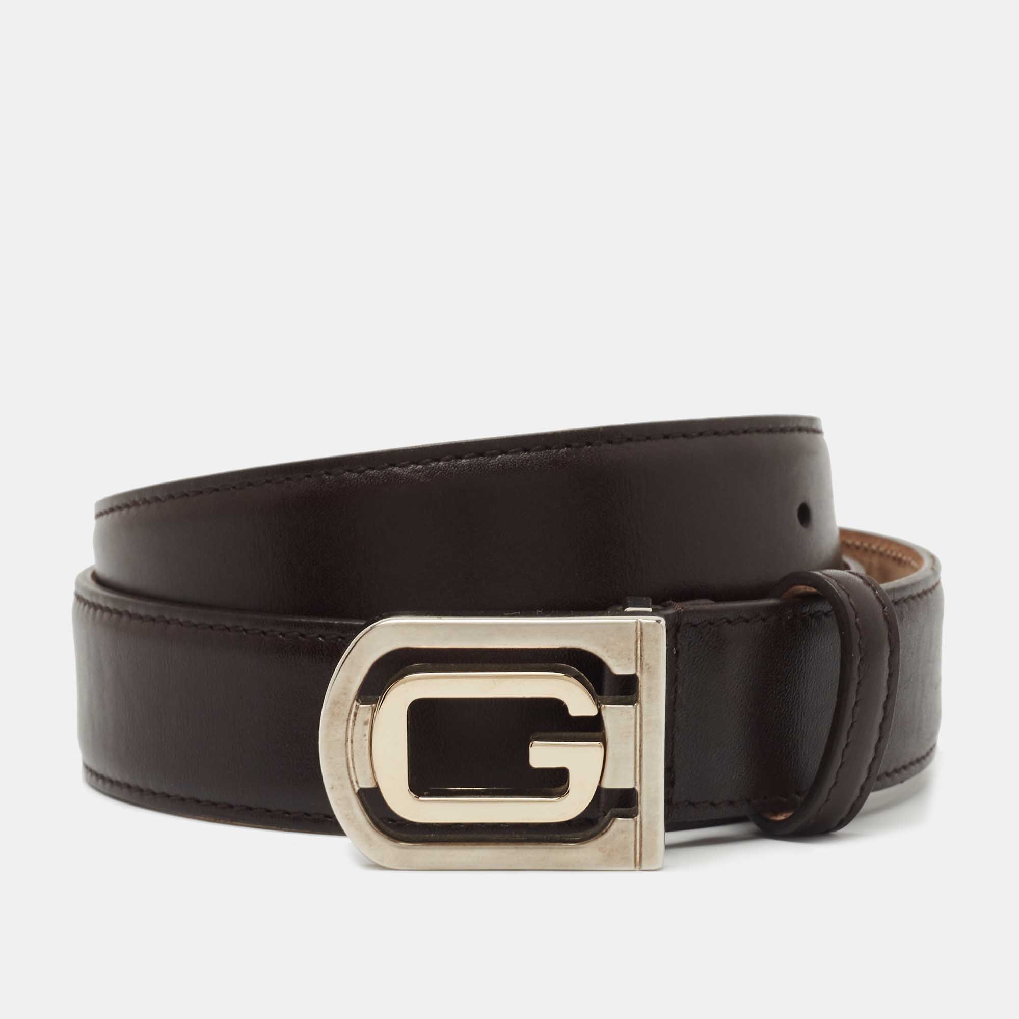 Pre-owned Gucci Dark Brown Leather G Buckle Belt 85cm