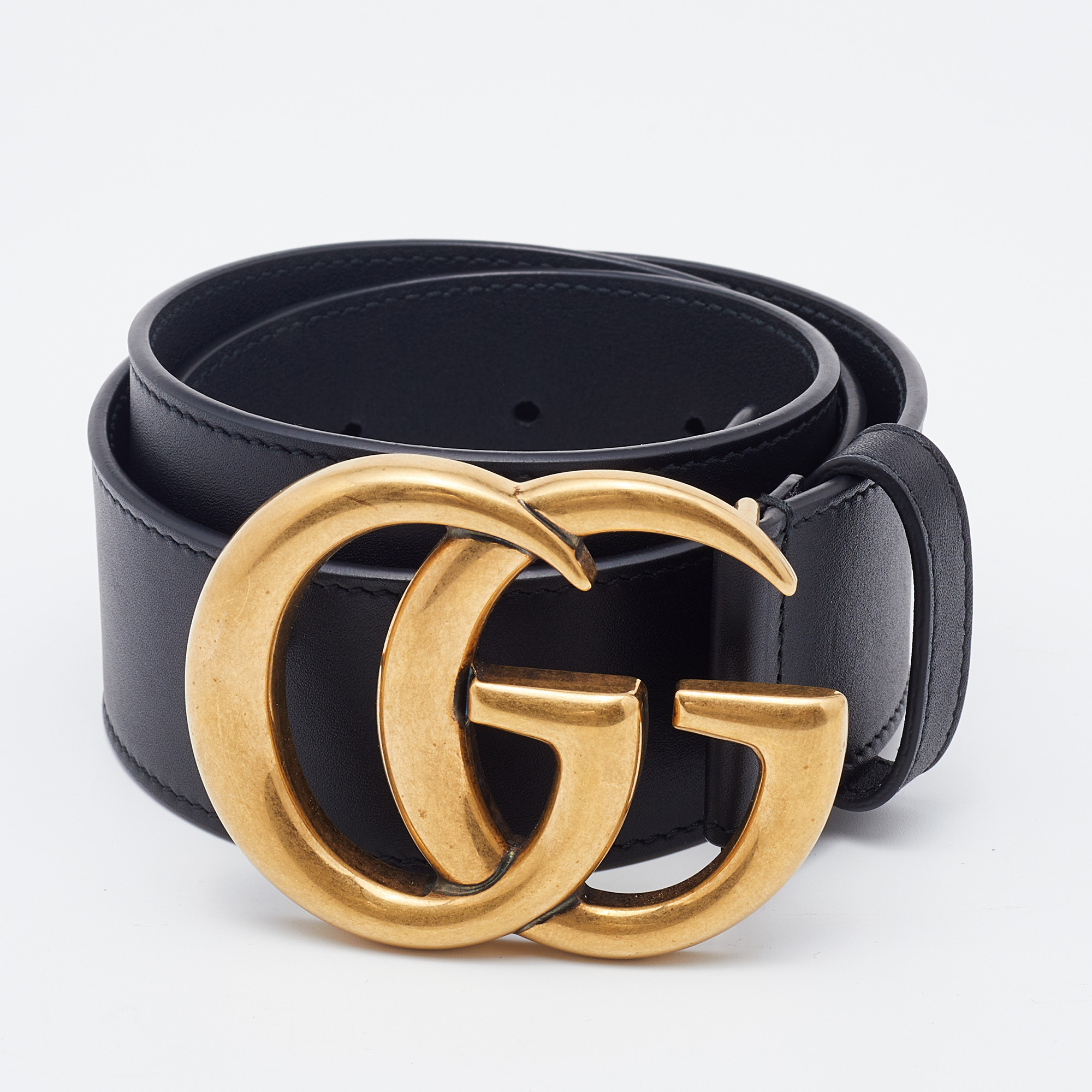 Pre-owned Gucci Black Leather Gg Marmont Buckle Belt 75 Cm