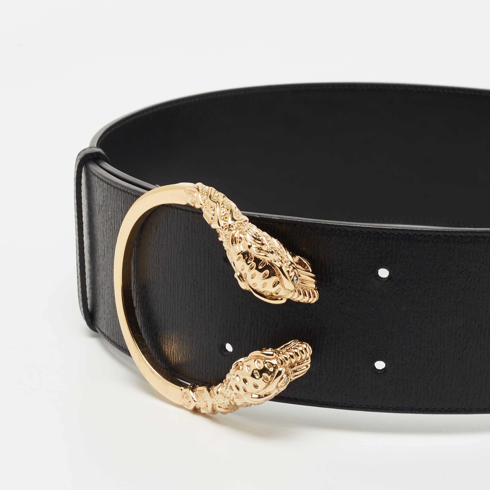 

Gucci Black Leather Tiger Head Wide Belt