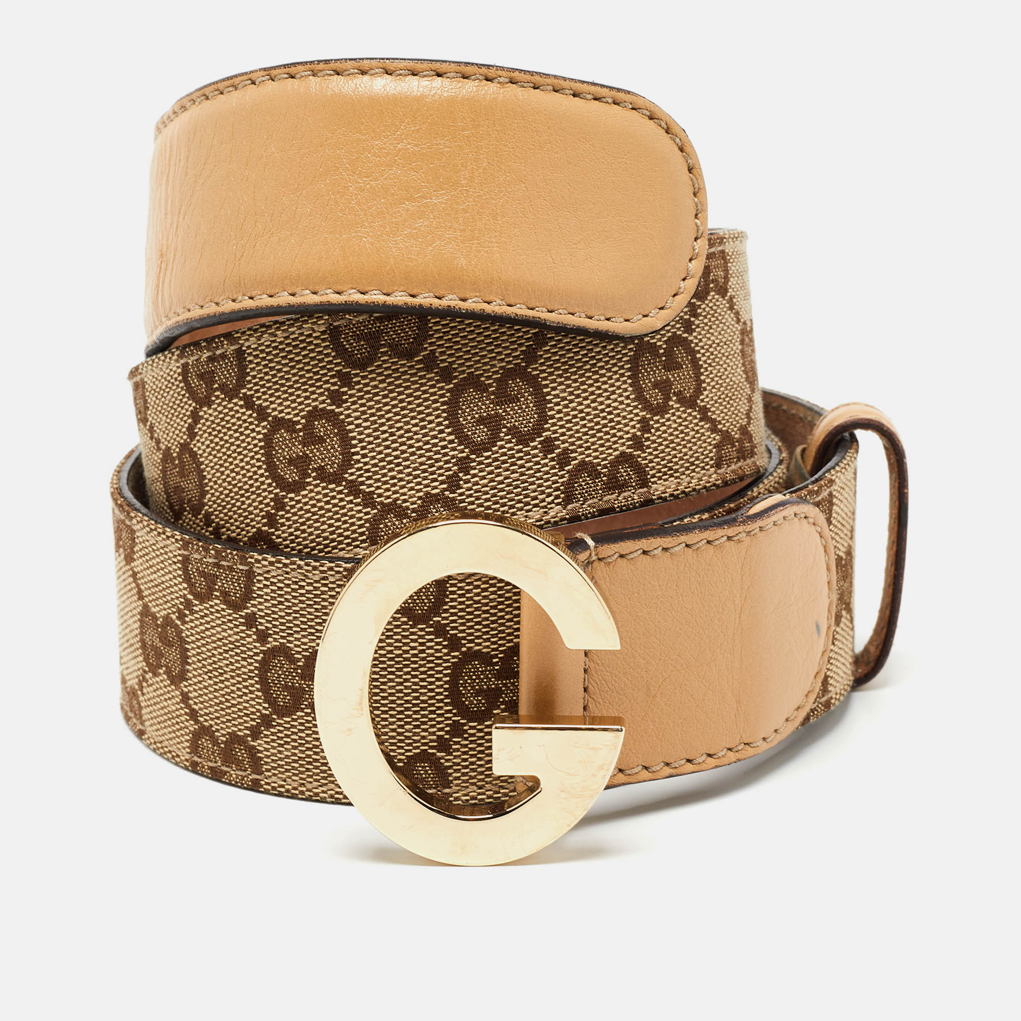 Pre-owned Gucci Beige Gg Supreme Canvas And Leather G Buckle Belt 95cm