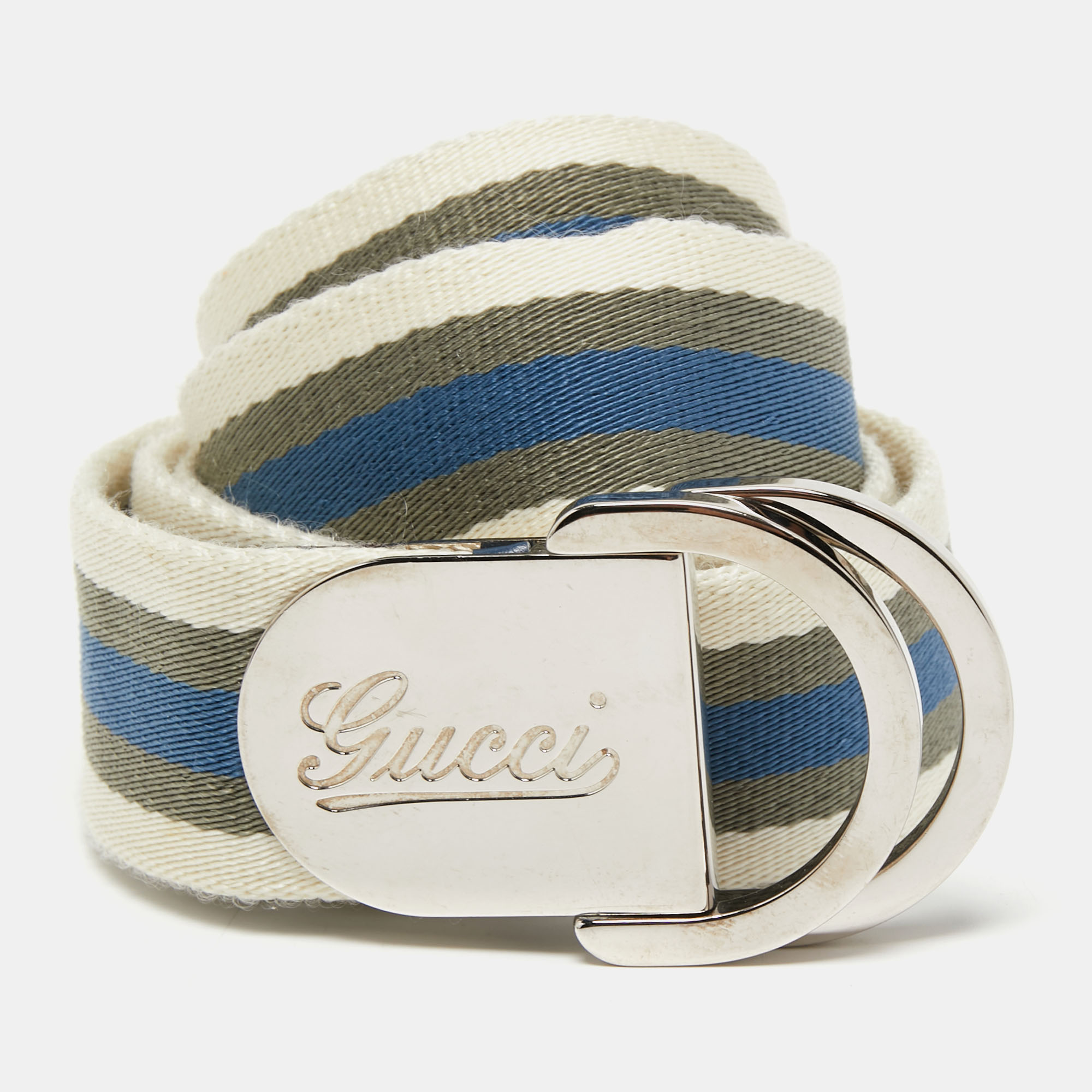 Pre-owned Gucci Multicolor Web Canvas And Leather Logo Buckle Belt 95cm