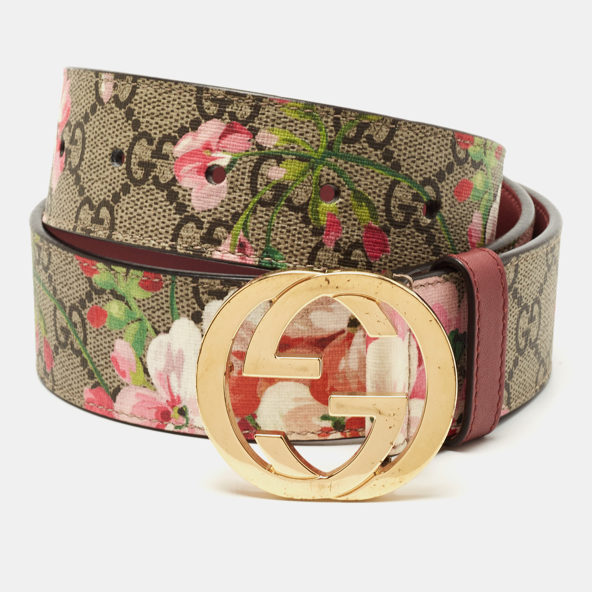 Pre-owned Gucci Beige/pink Gg Supreme Blooms Print Canvas Interlocking G Buckle Belt 75cm In Multicolor