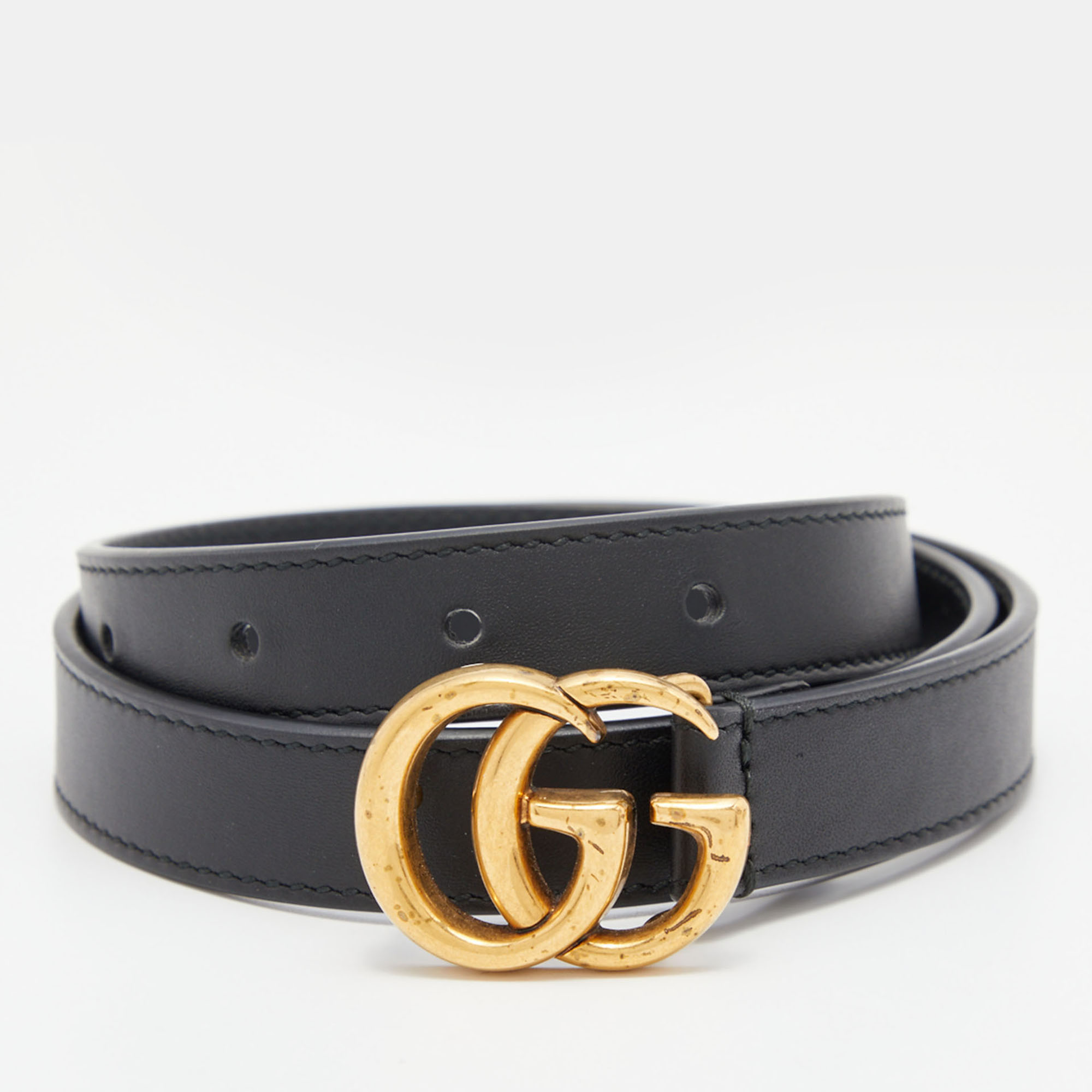 Pre-owned Gucci Black Leather Double G Buckle Belt 65 Cm