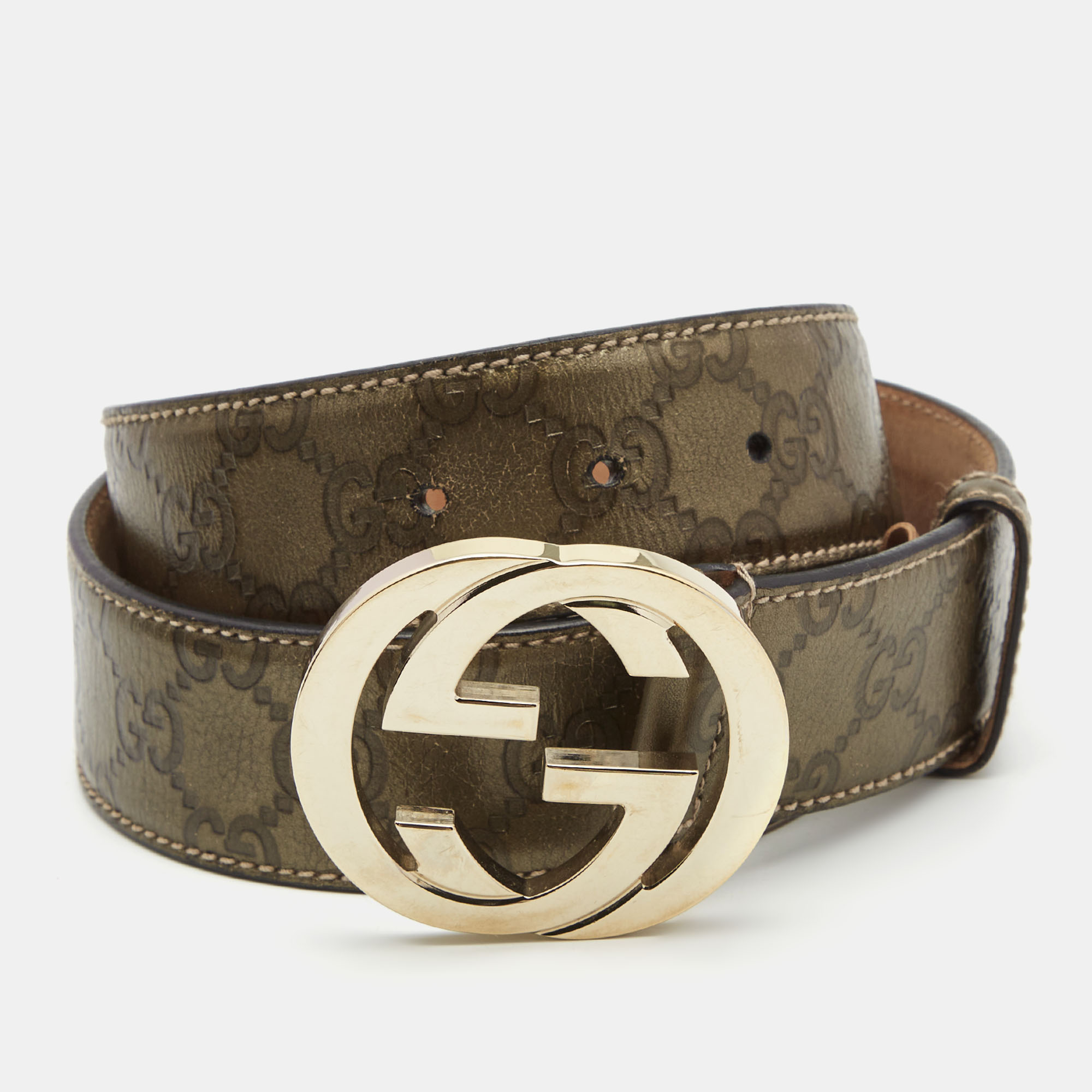 Pre-owned Gucci Ssima Leather Interlocking G Buckle Belt 85cm In Green