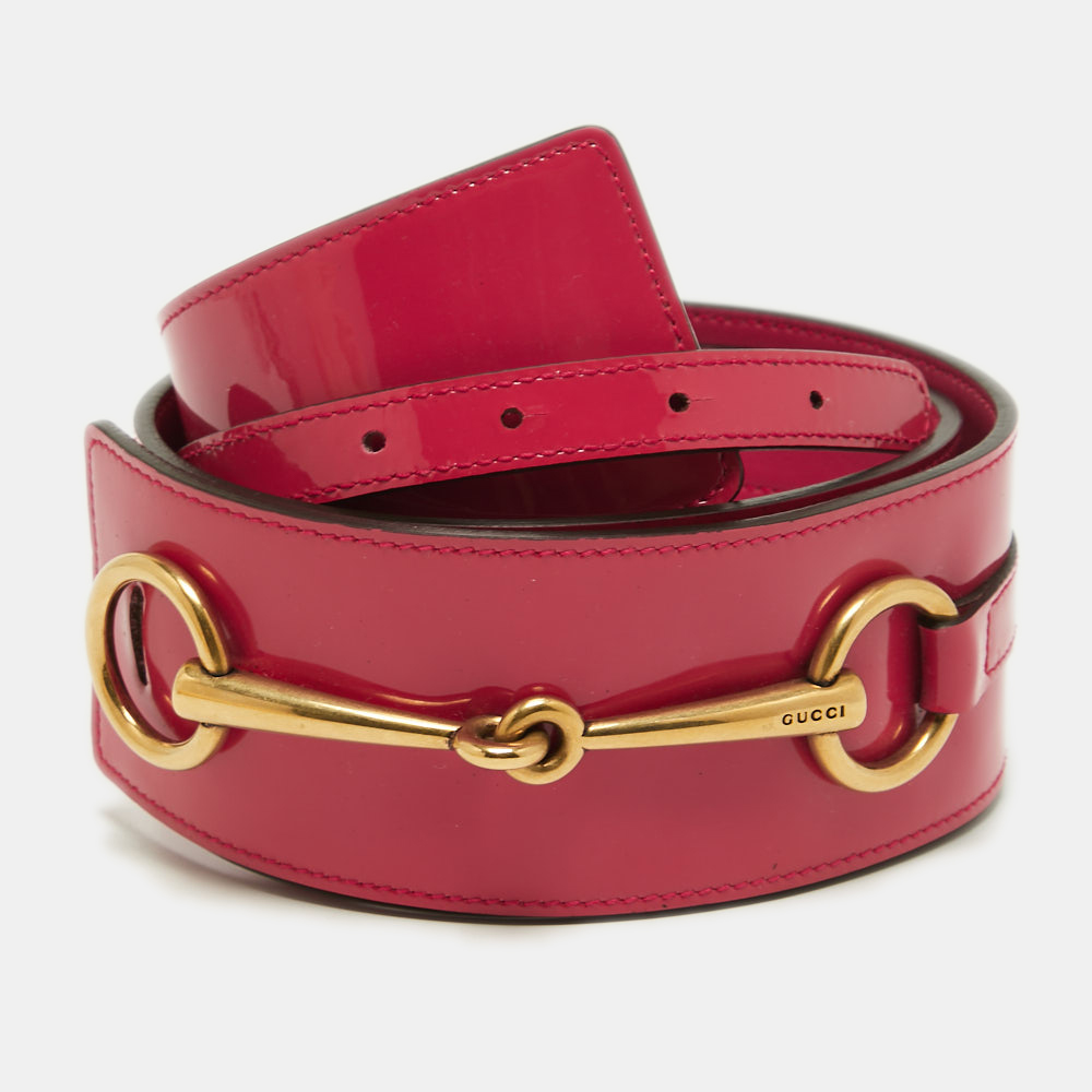 Pre-owned Gucci Pink Patent Leather Horsebit Wide Waist Belt 80cm