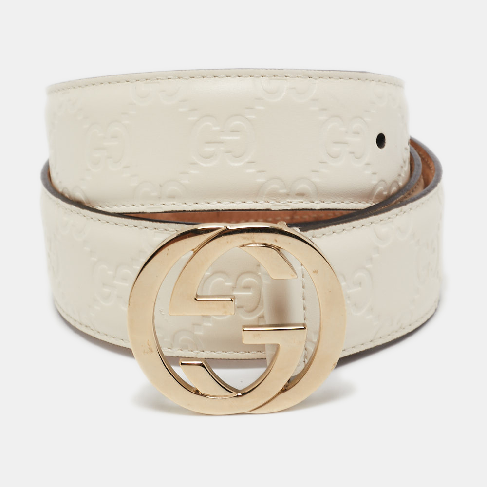 Pre-owned Gucci Ssima Leather Interlocking G Buckle Belt 80cm In White