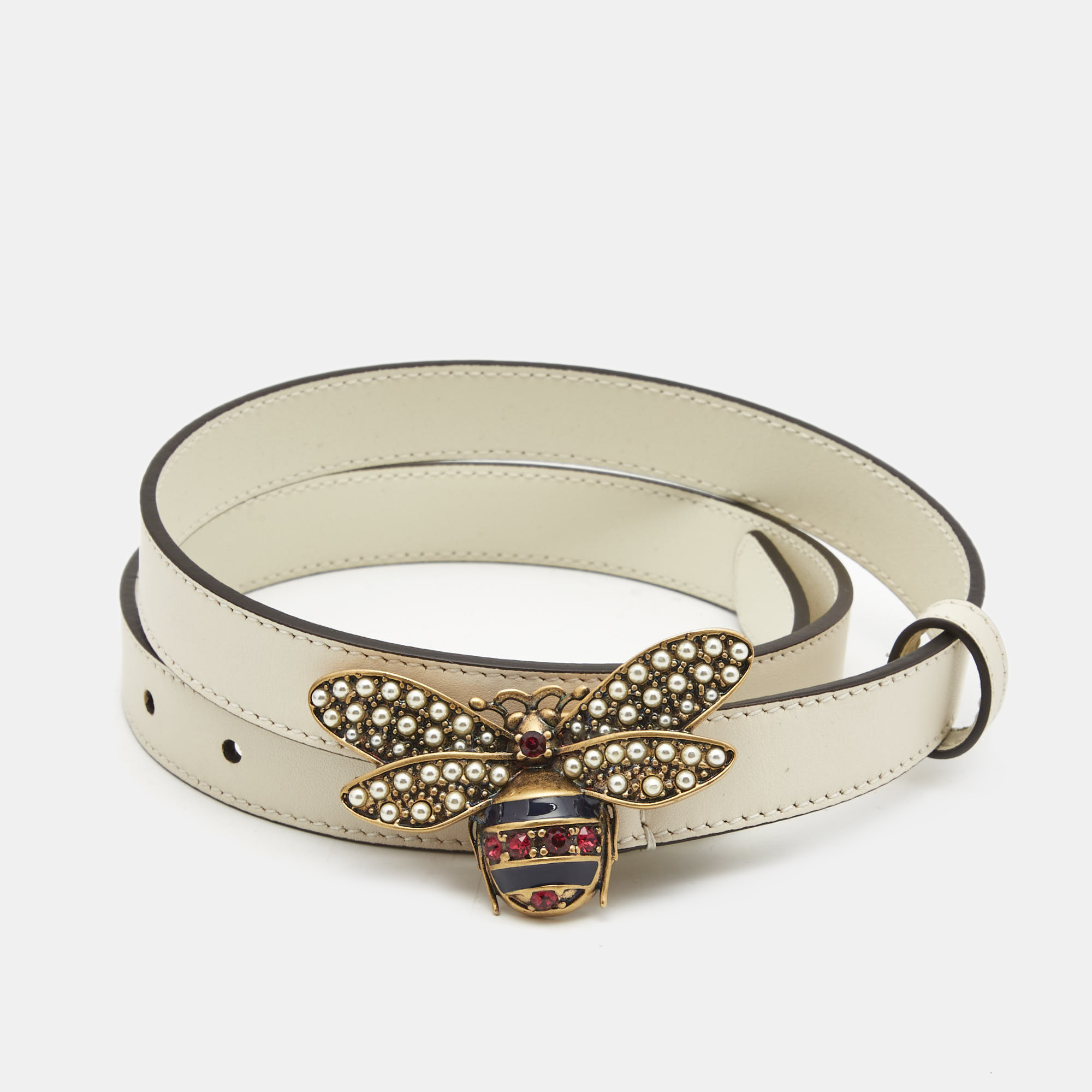 Pre-owned Gucci White Leather Queen Margaret Slim Belt 80cm