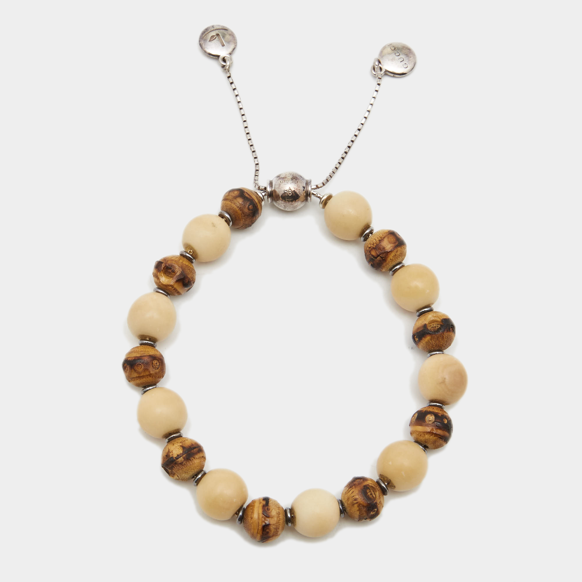 Pre-owned Gucci Bamboo Wood And Tagua Beads Sterling Silver Adjustable Bracelet Size 16 In Brown