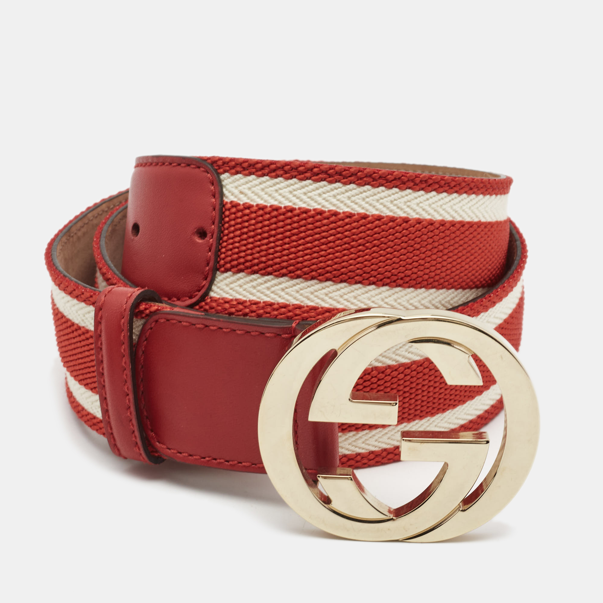 Pre-owned Gucci Red Web Canvas And Leather Interlocking G Belt 90cm
