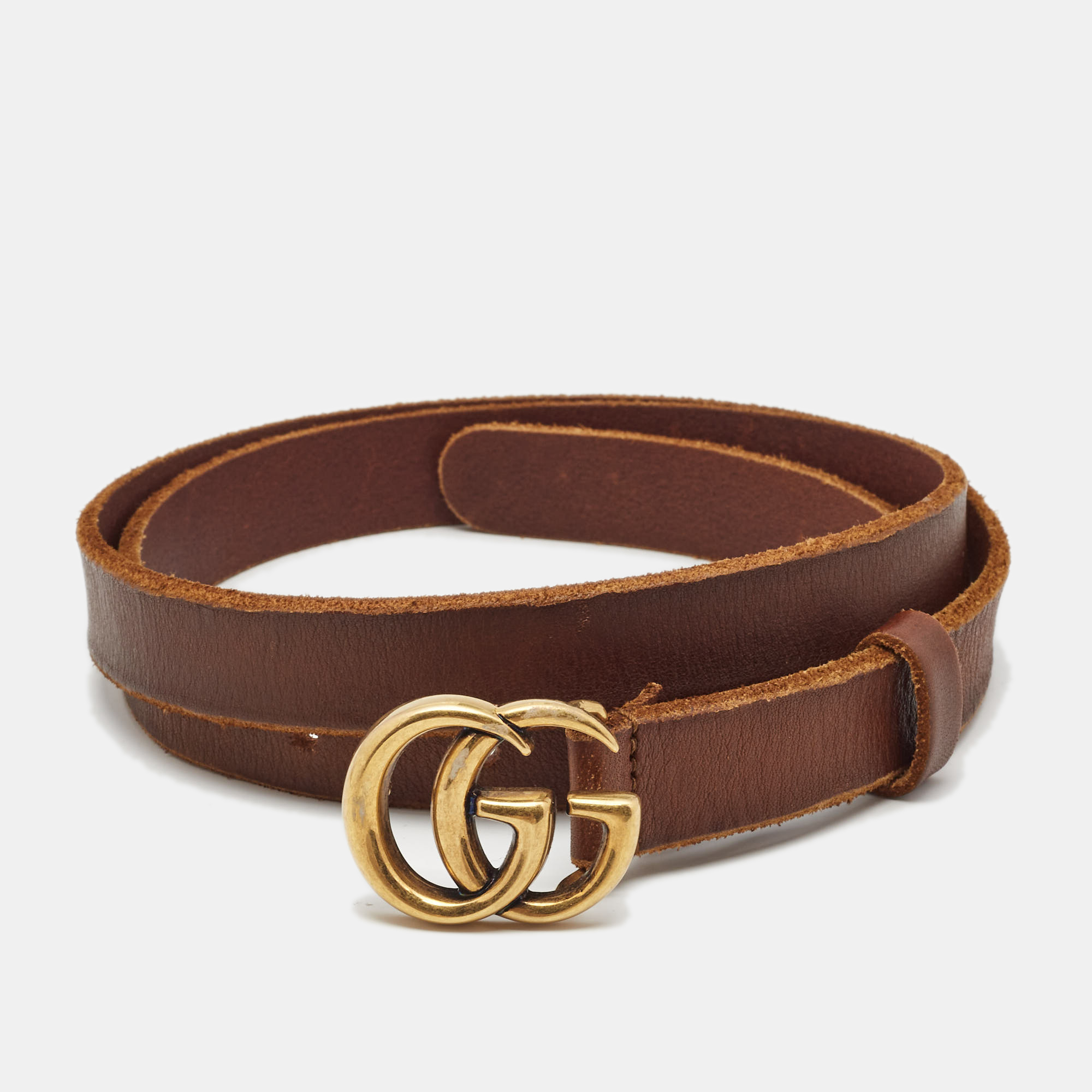 Pre-owned Gucci Brown Leather Double G Buckle Belt 90cm