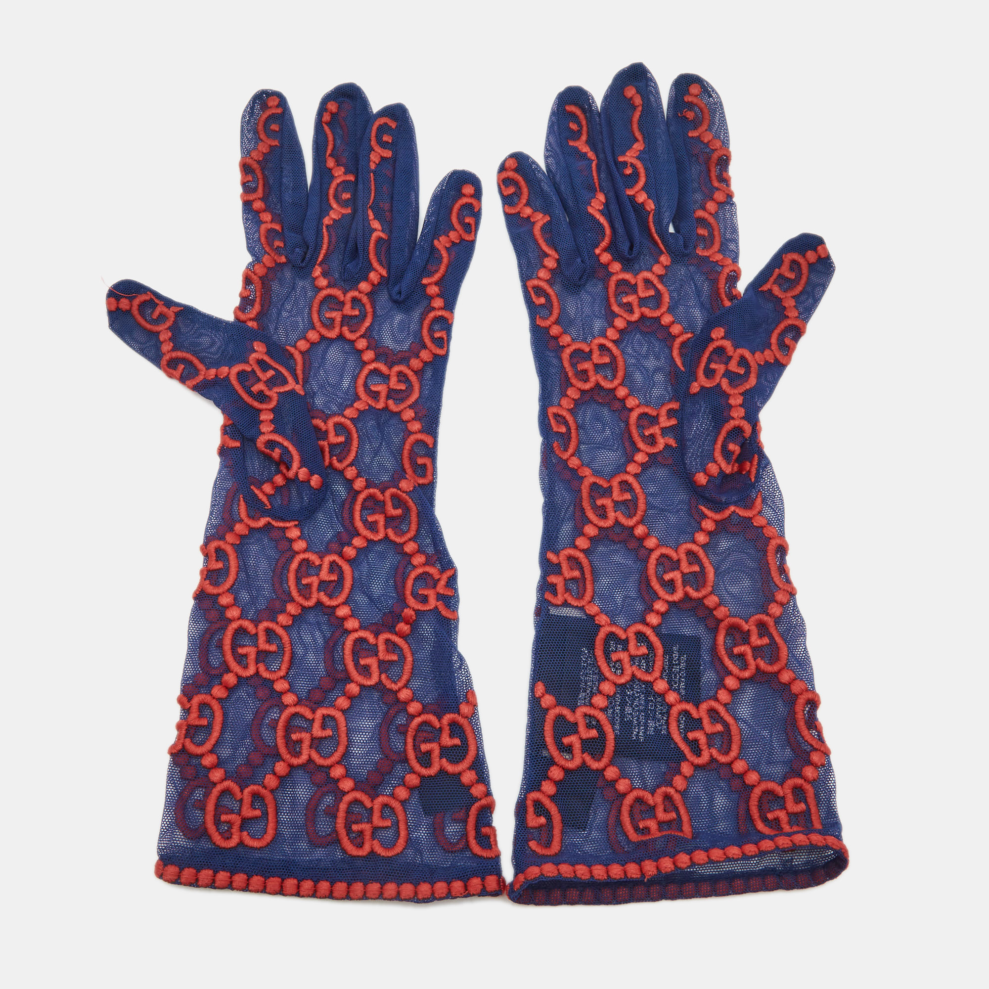 

Gucci Blue/ Red Net GG Embroidered Gloves