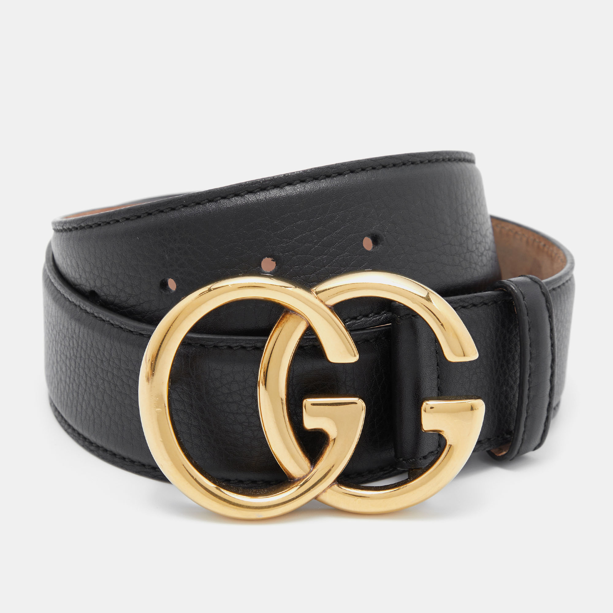 Pre-owned Gucci Black Leather Double G Buckle Belt 80cm