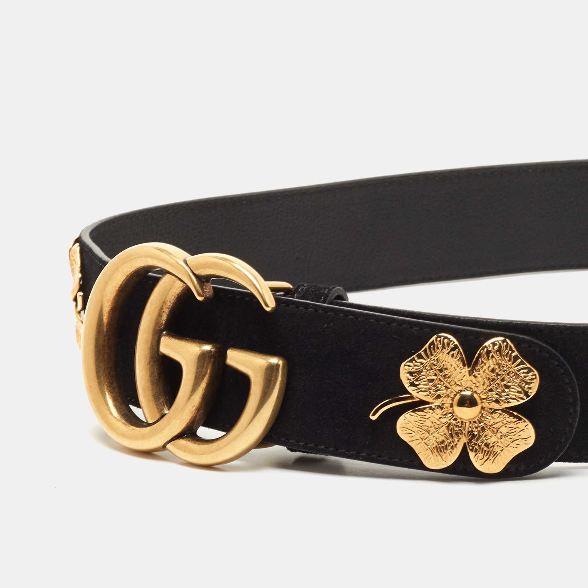 

Gucci Black Suede Leaf Clover Interlocking G Belt