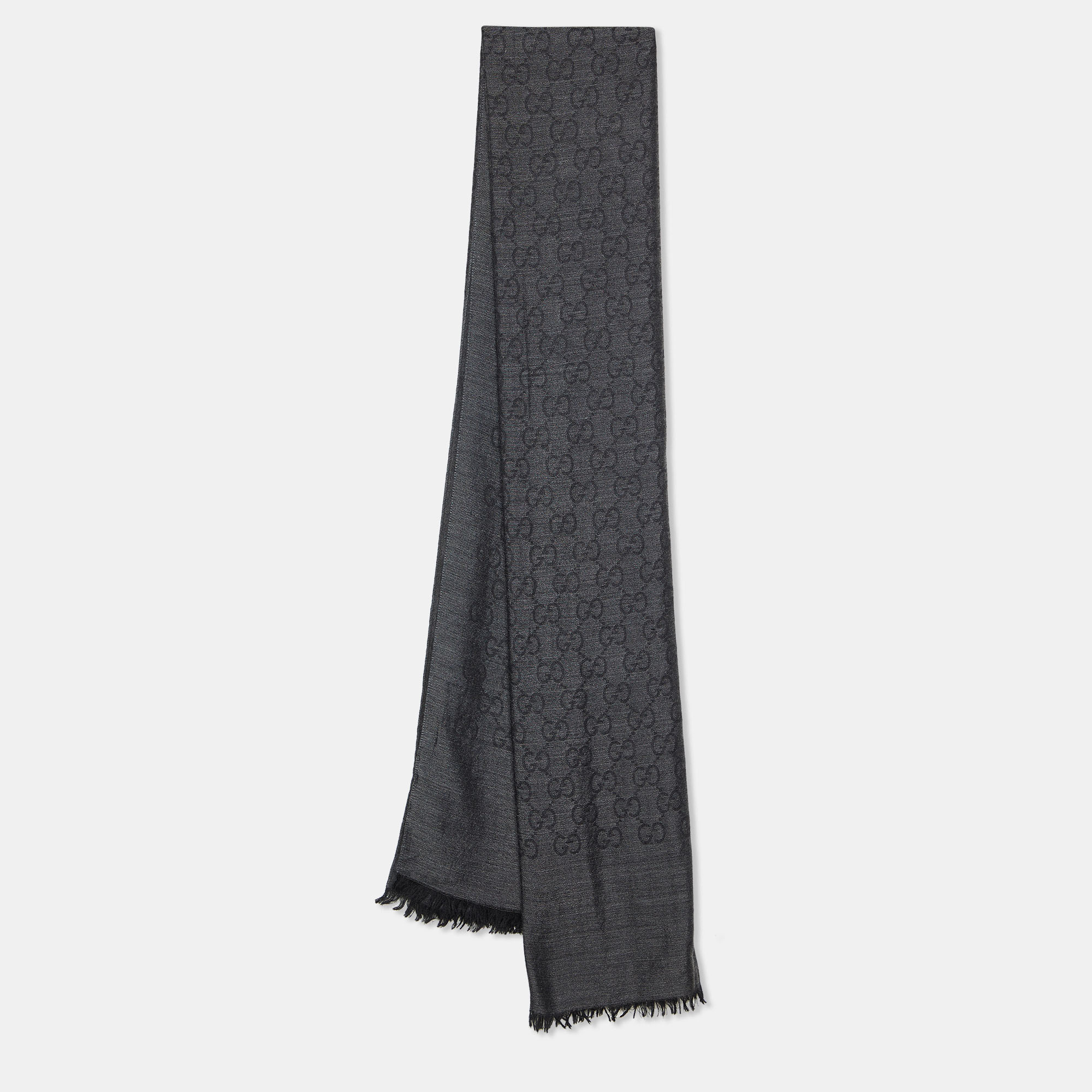 Pre-owned Gucci Charcoal Grey Wool & Monogram Scarf | ModeSens