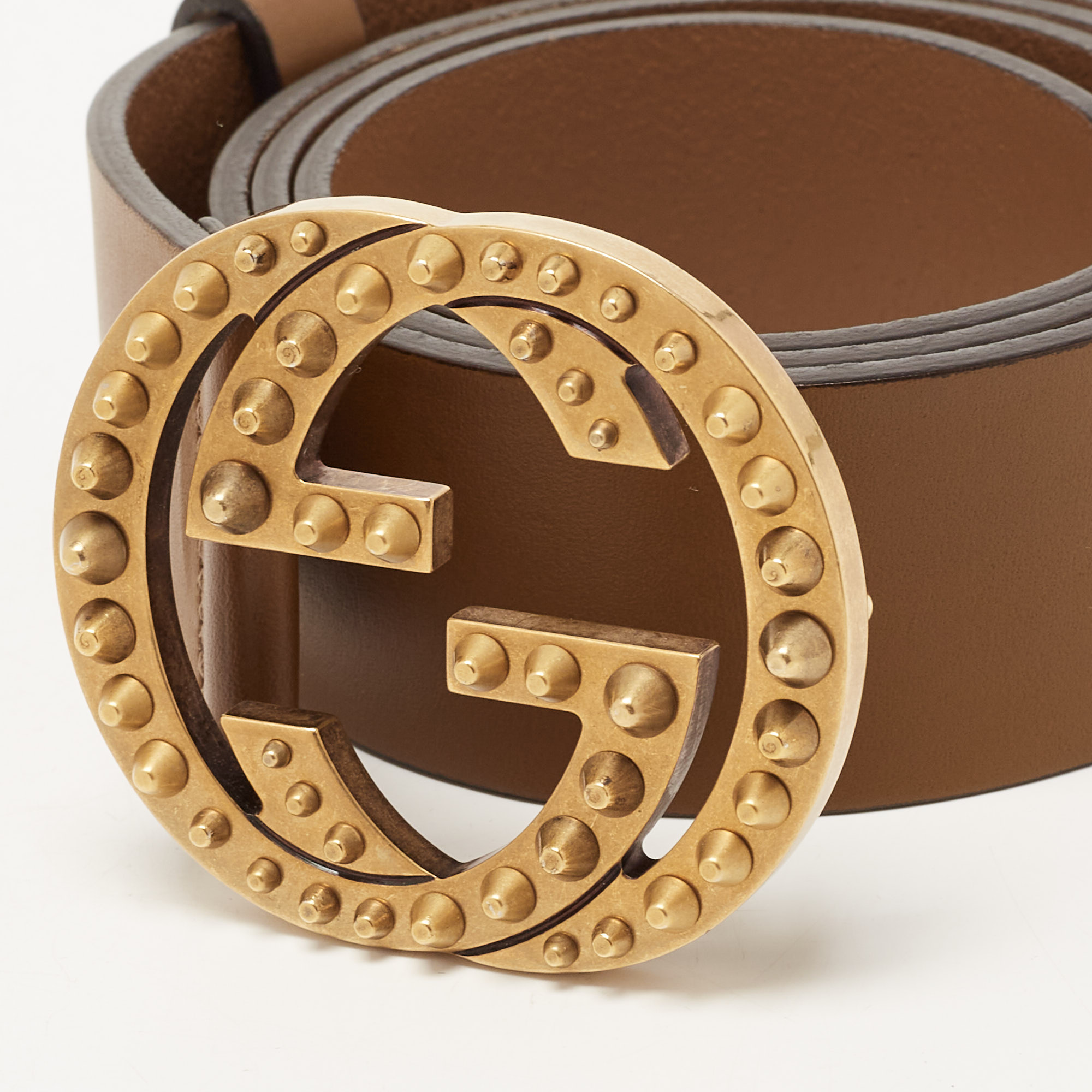 

Gucci Brown Leather Interlocking Spike GG Buckle Belt
