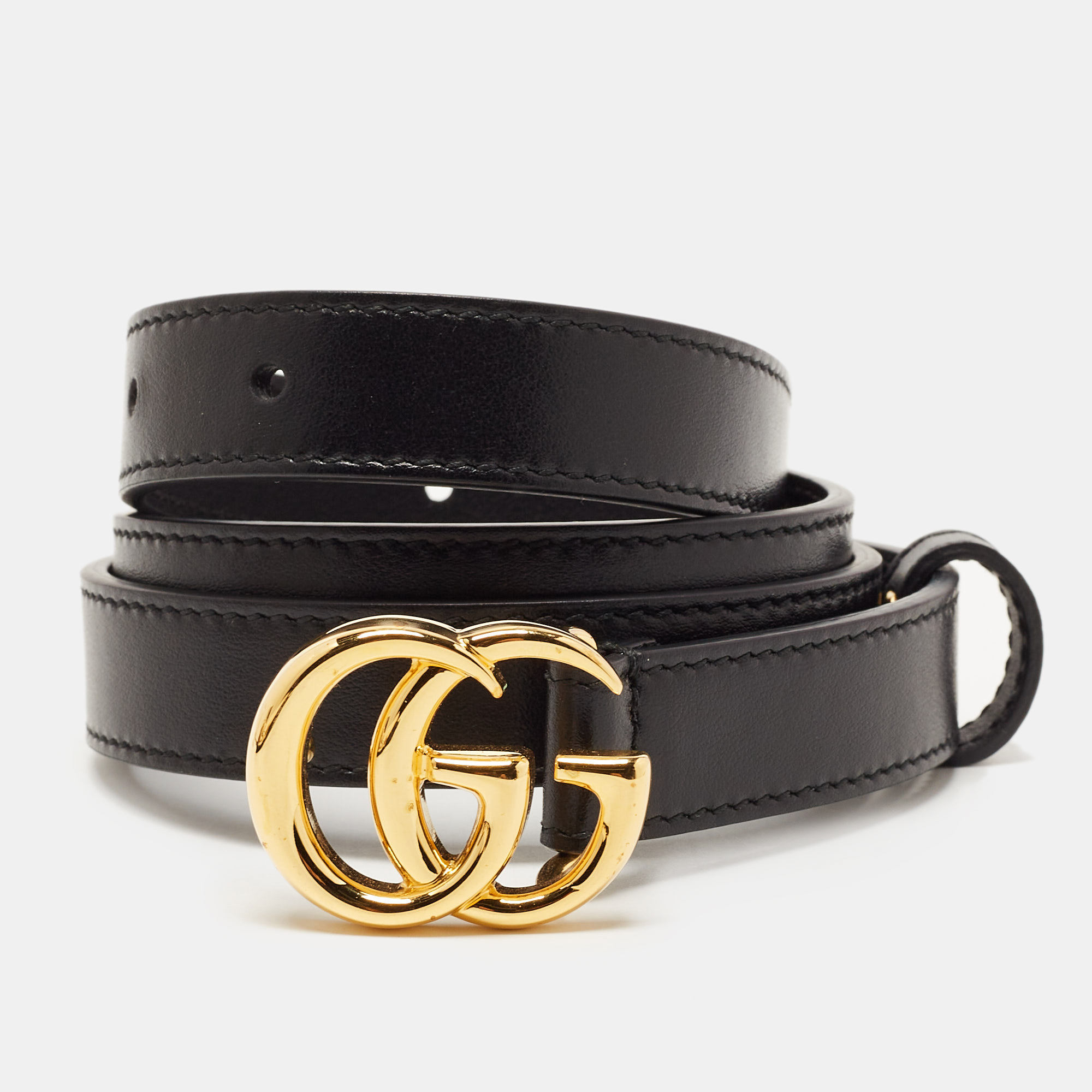 Pre Owned Gucci Black Leather GG Marmont Buckle Belt 75CM