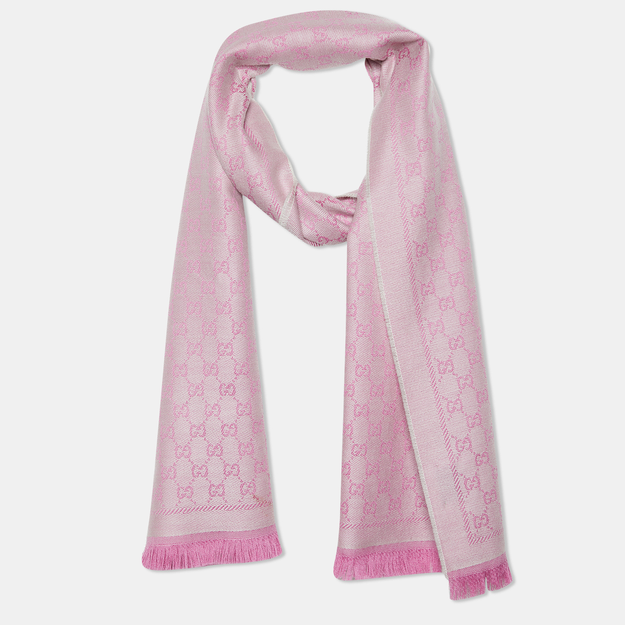 

Gucci Rose and Ivory Guccissima Wool Jacquard Fringed Outlet Shawl, Pink