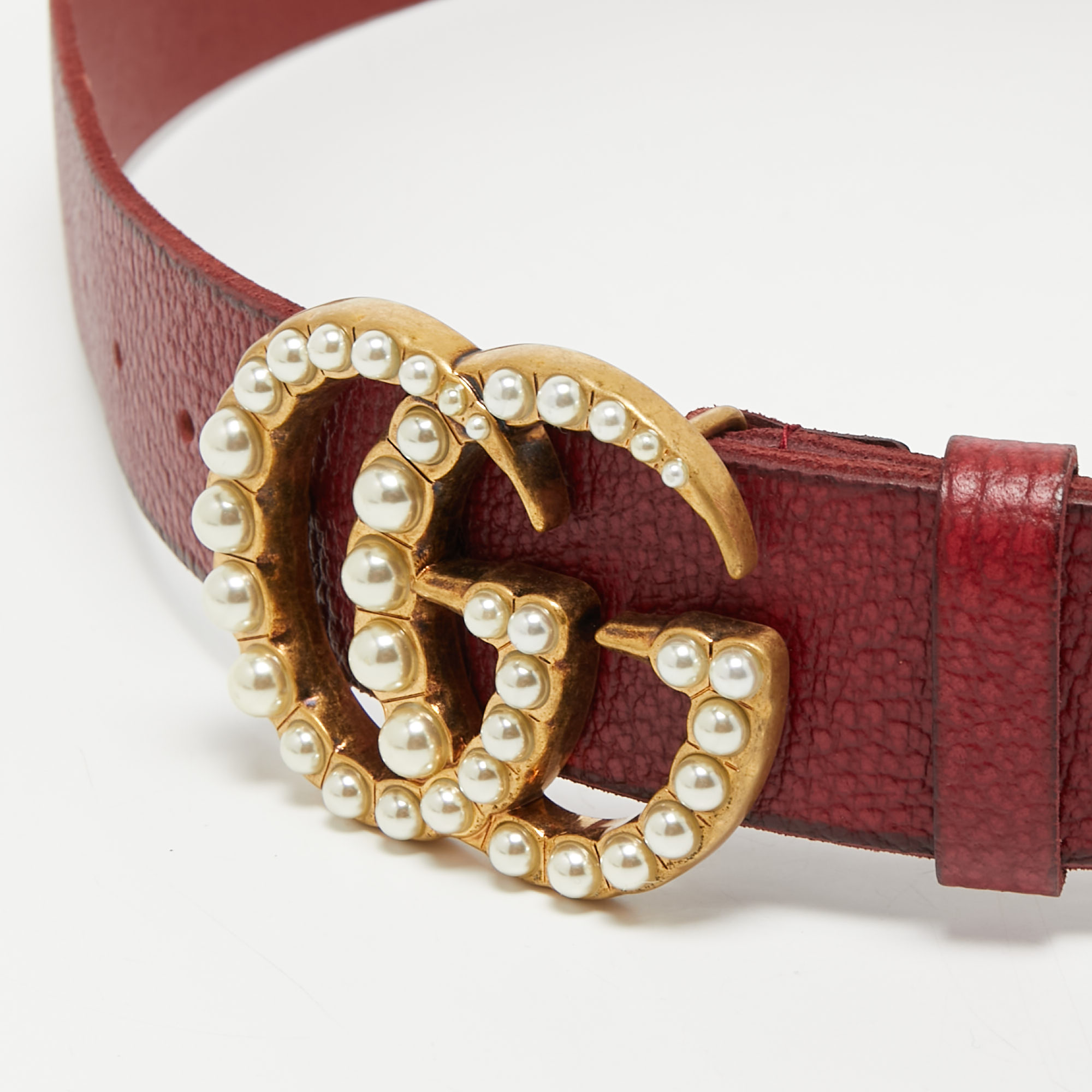 

Gucci Red Leather Double G Pearl Embellishment Belt