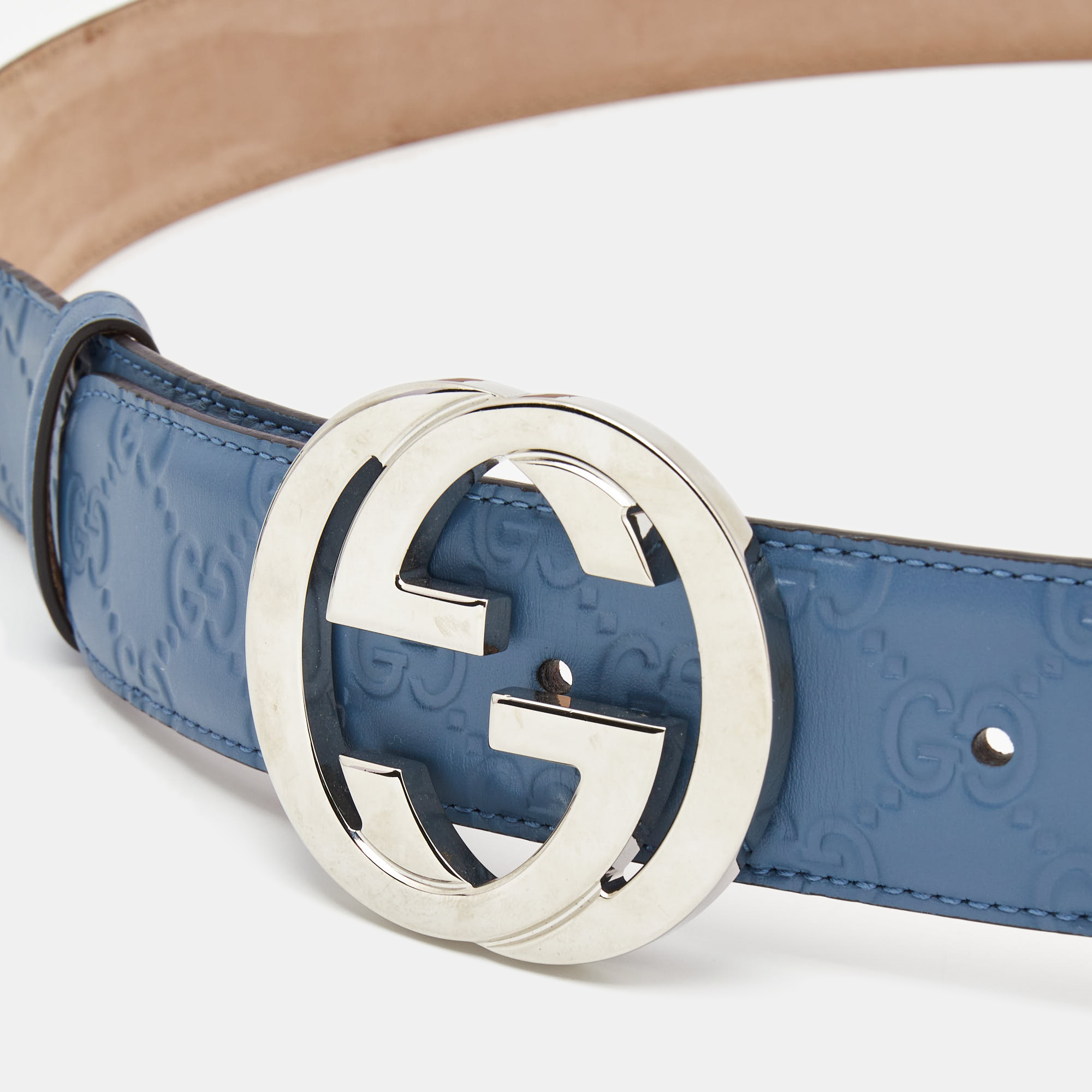 

Gucci Light Blue Guccissima Leather Interlocking G Buckle Belt