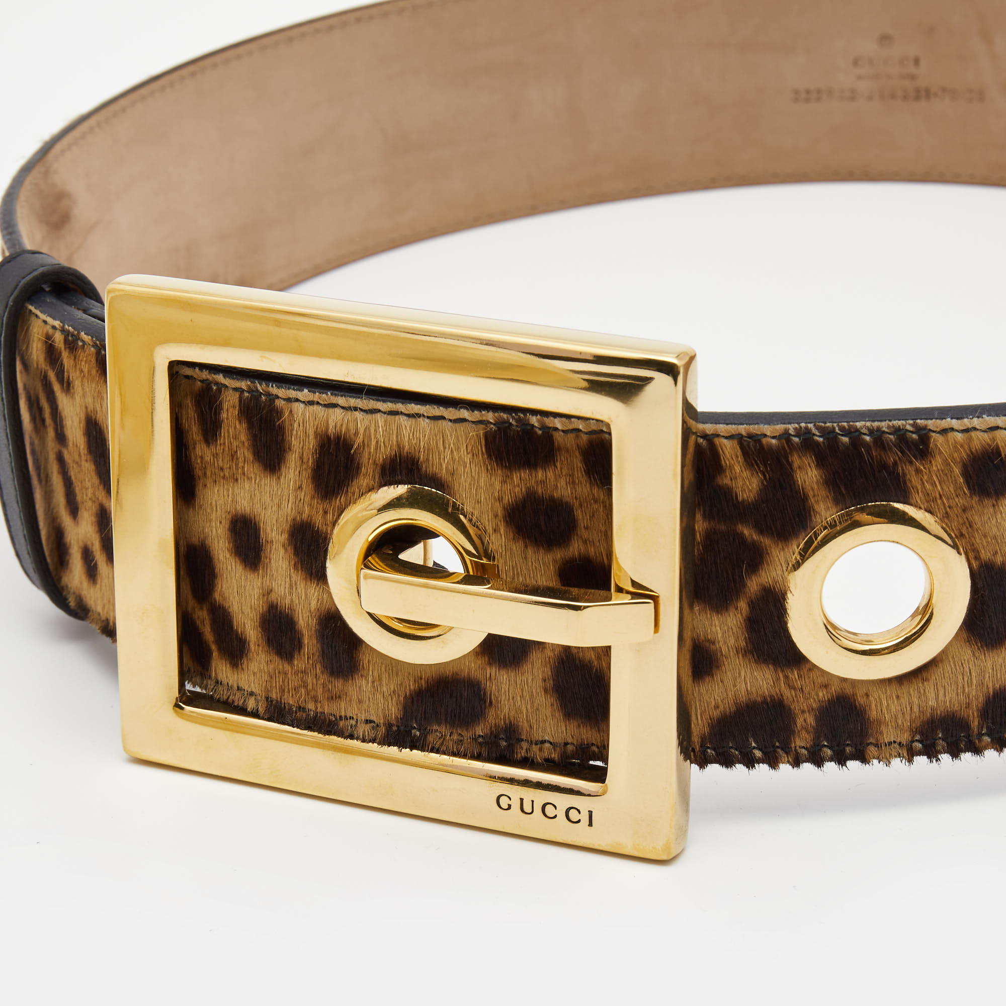 

Gucci Beige/Black Leopard Print Calfhair and Leather Wide Buckle Belt