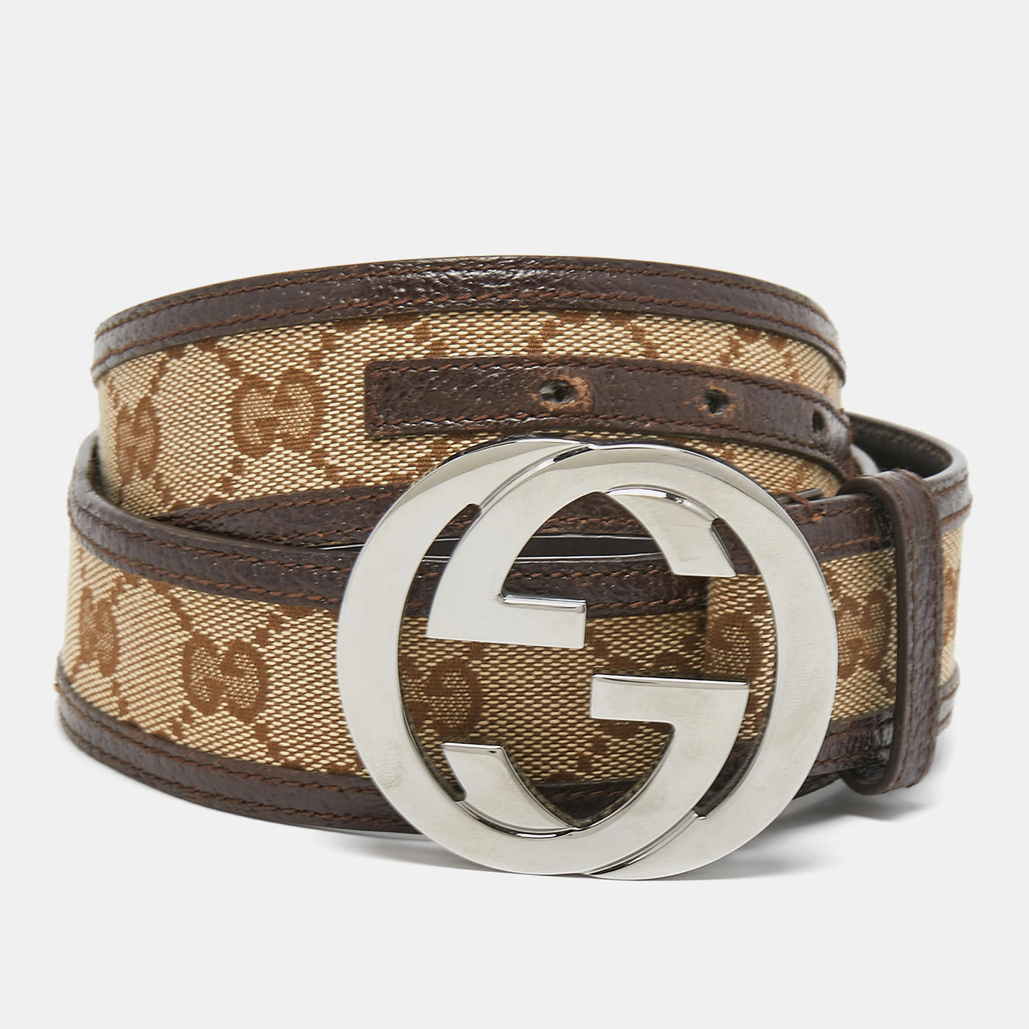 Pre-owned Gucci Beige/brown Gg Canvas And Leather Interlocking G Buckle Belt 95cm